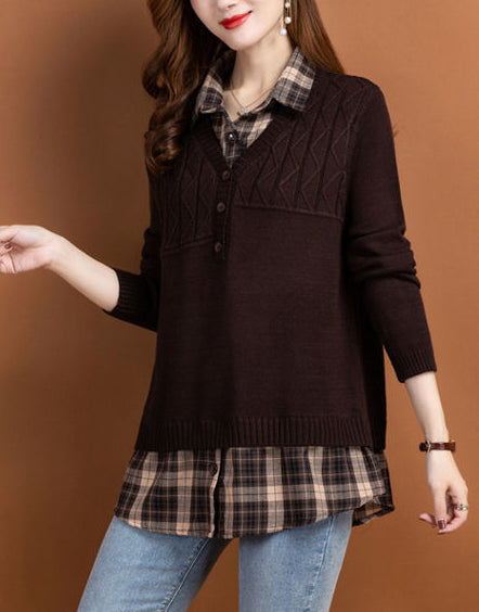 Women's V Neck Plaid Layered Look Knit Pullover Tops