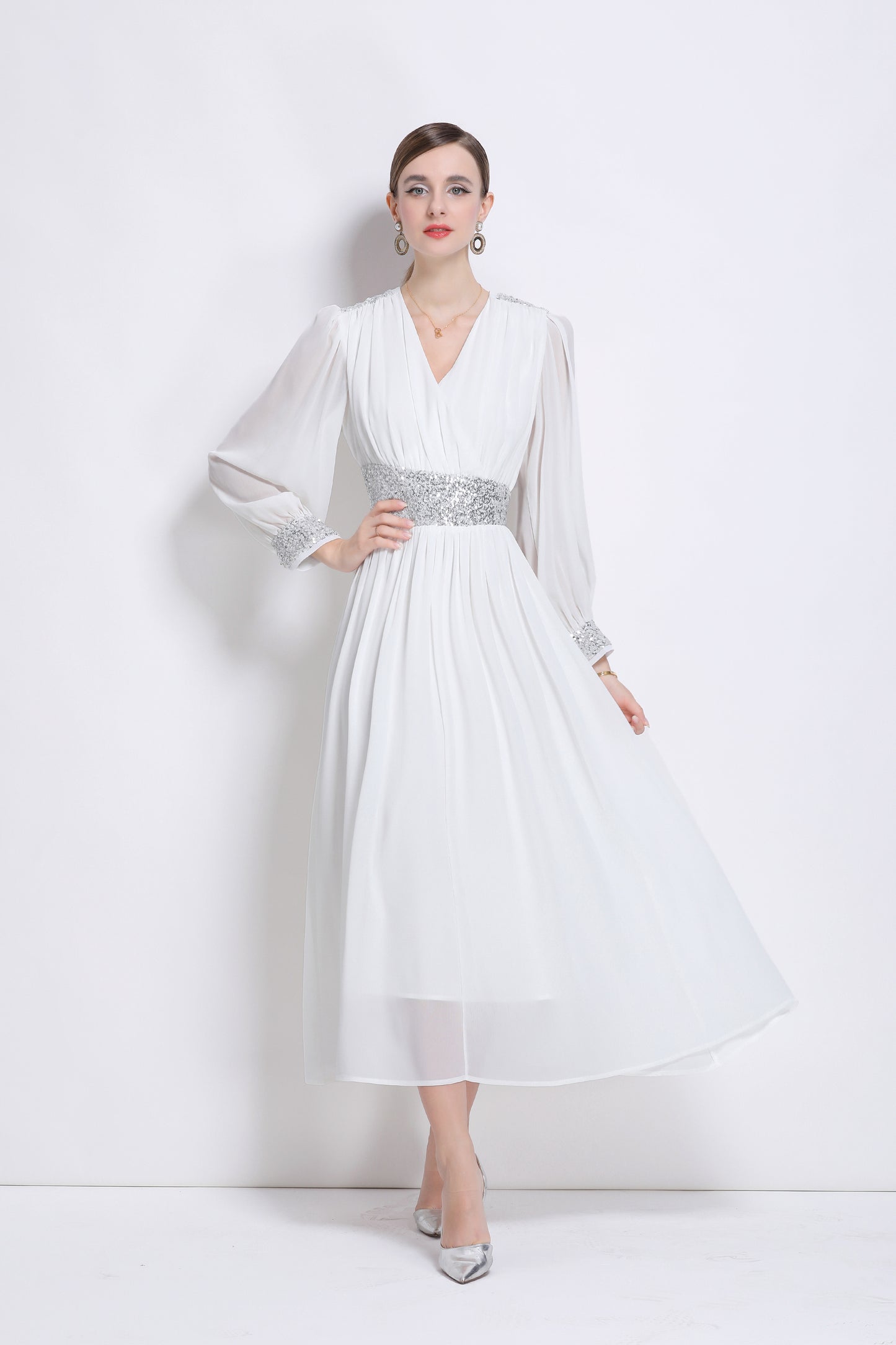 Women's Sequin V-Neck Chiffon Mixi Dresses