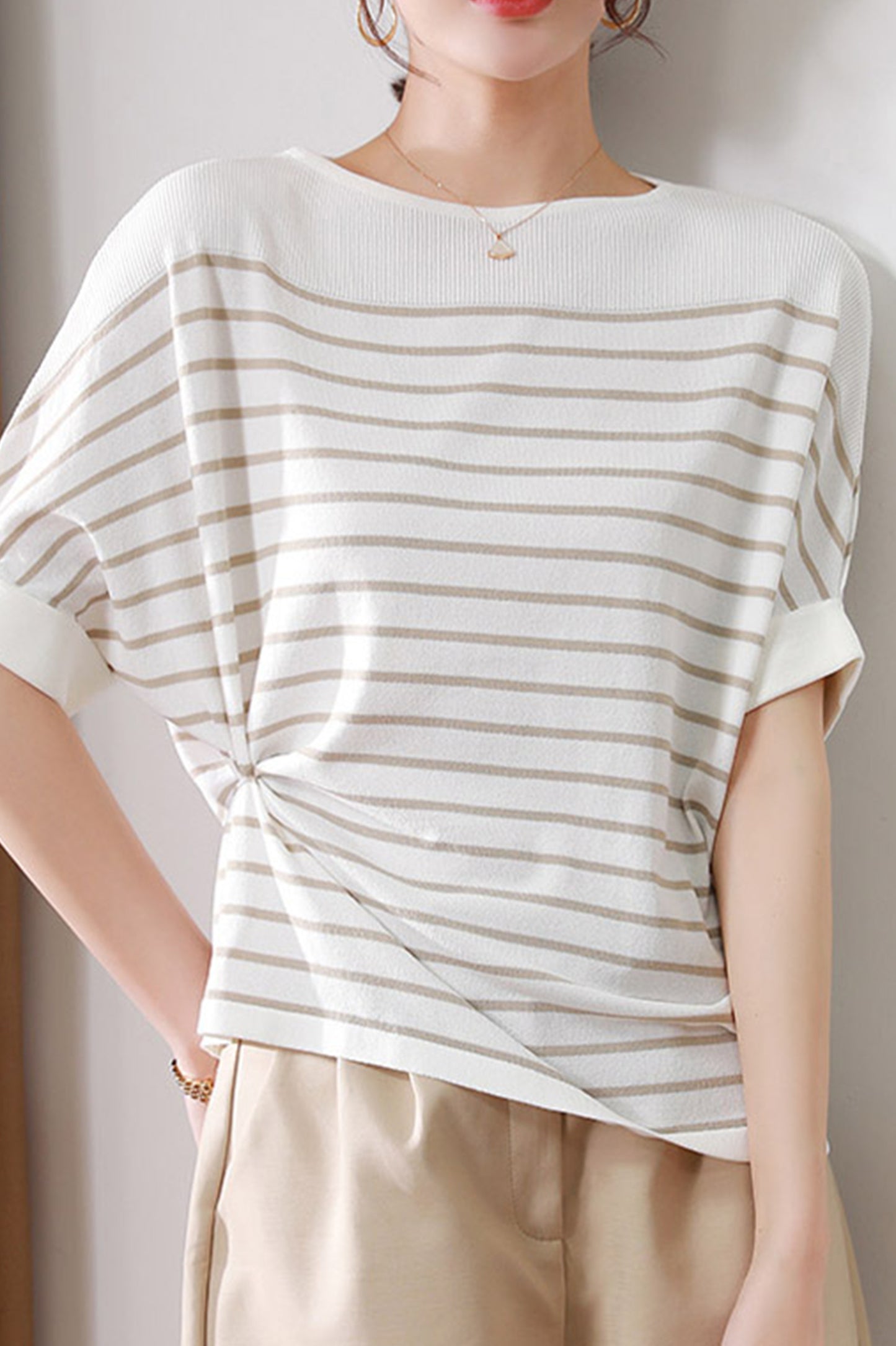Women's Batwing Sleeves Knitted Striped Pullovers Tops