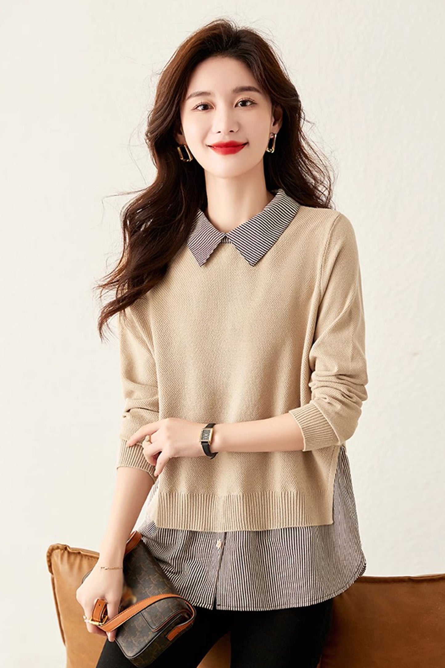 Women's Patchwork Shirt Collar Cotton Knit Pullover Tops - LAI MENG FIVE CATS