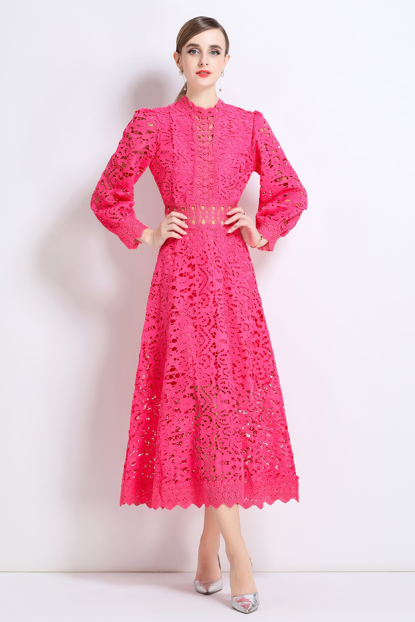 Women's Puff Long Sleeve Hollow Lace Maxi Dress