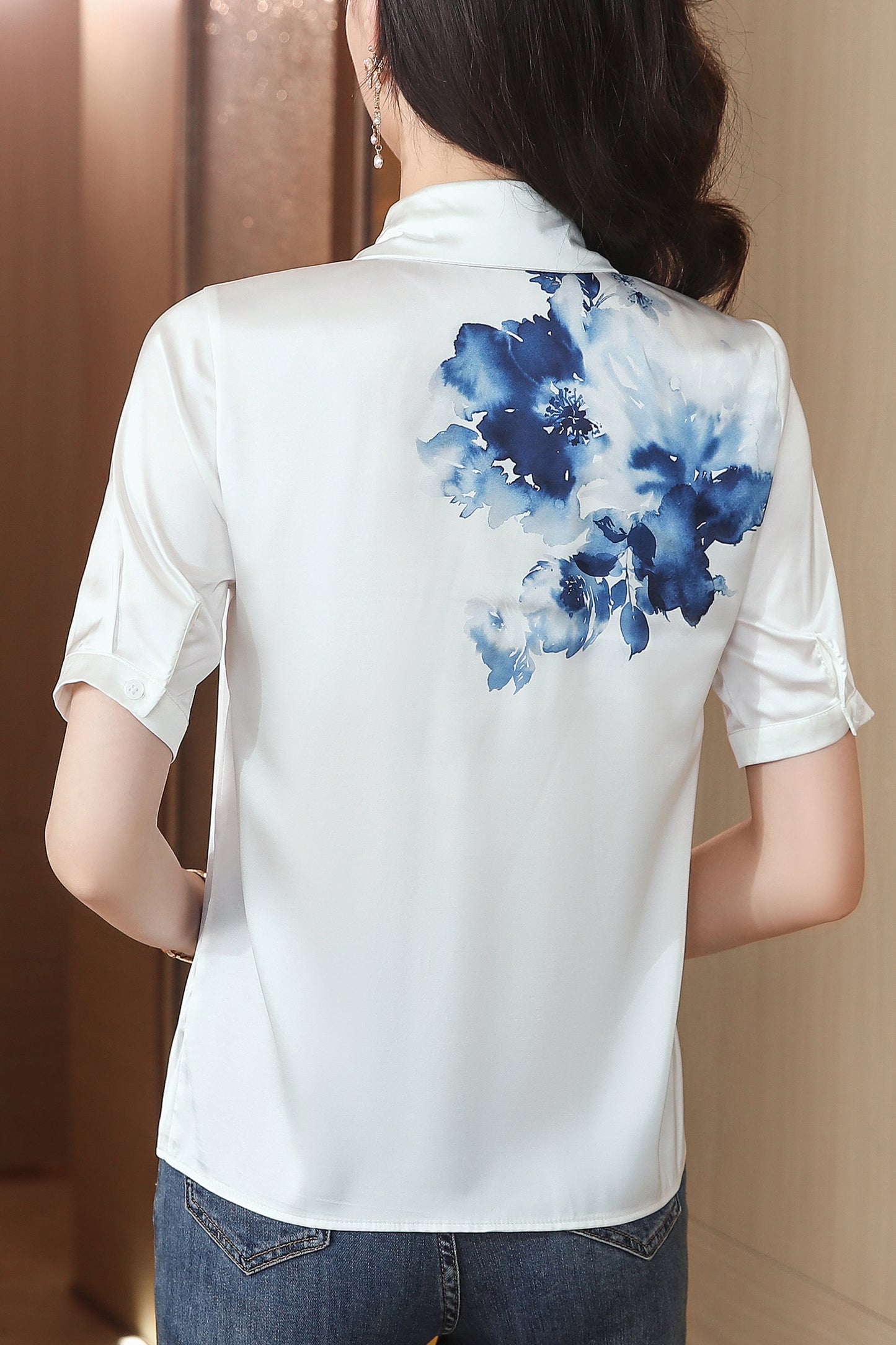 Women's Collared Floral Print Blouse Short Sleeve Tops