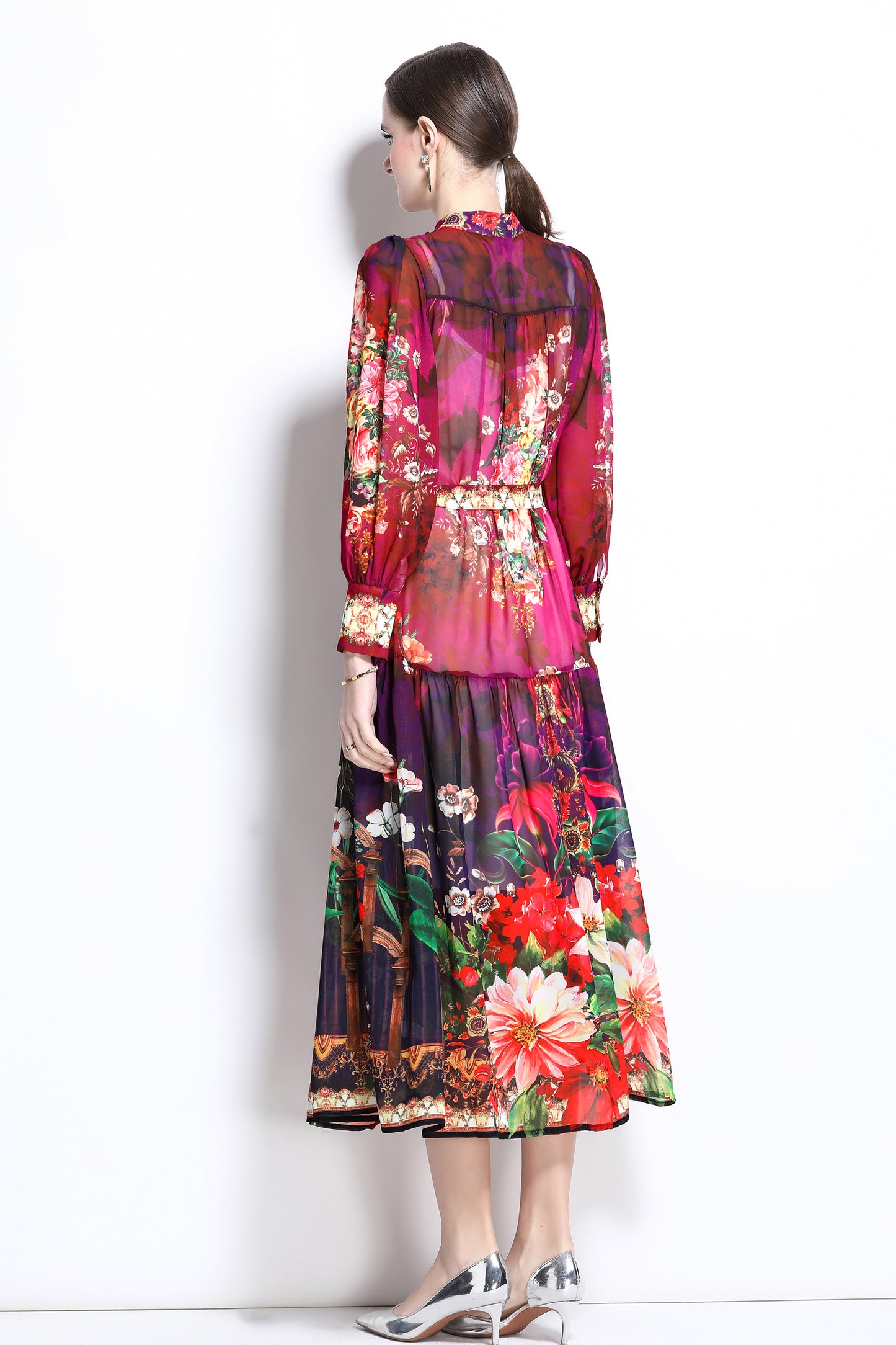 Women Floral Print Puff Sleeve Split Sheer Maxi Dress