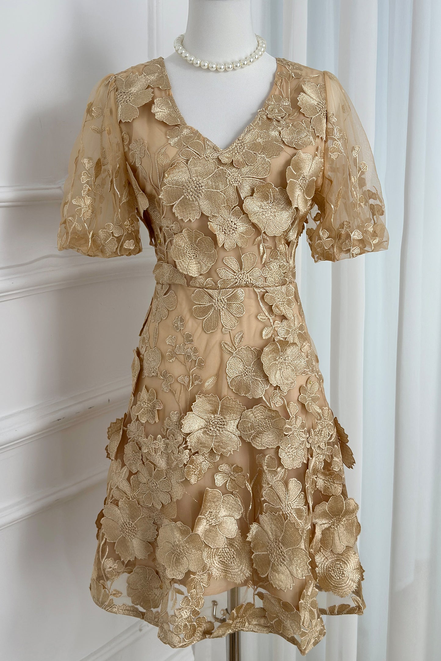 Women's 3D Floral V-Neck Lace Mesh Mini Dress