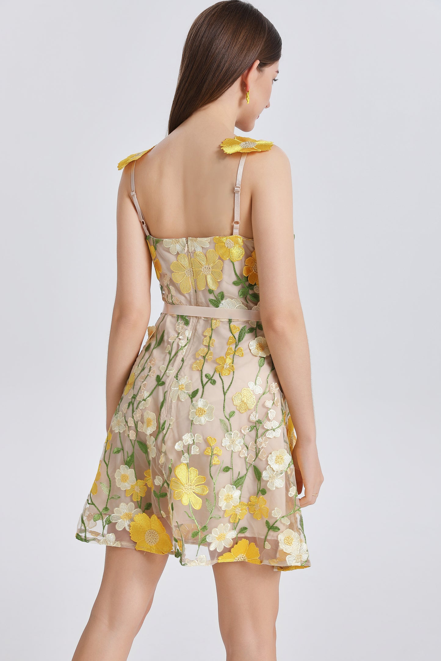 Women's Adjustable Spaghetti Straps 3D Floral Tulle Mini Dress