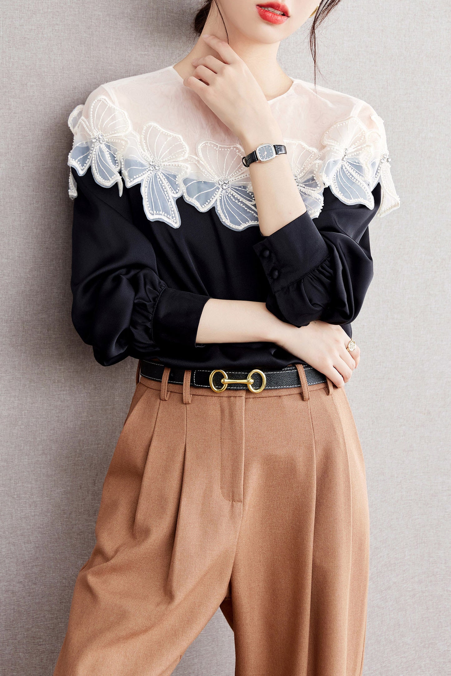 Patchwork Tunic Shirt Print Round Neck Blouse - LAI MENG FIVE CATS
