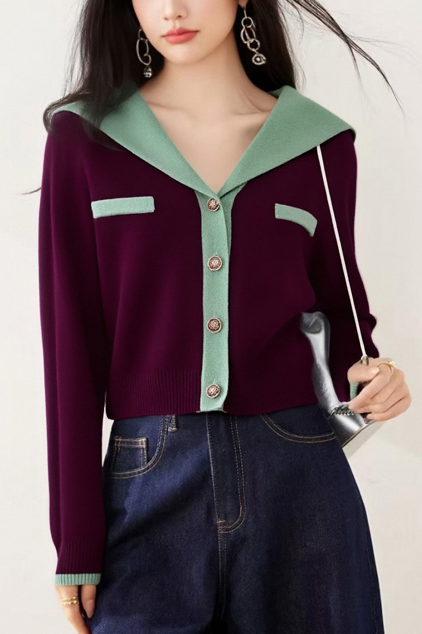 Women's Sailor Collar Long Sleeve Stripe Cardigan Sweater