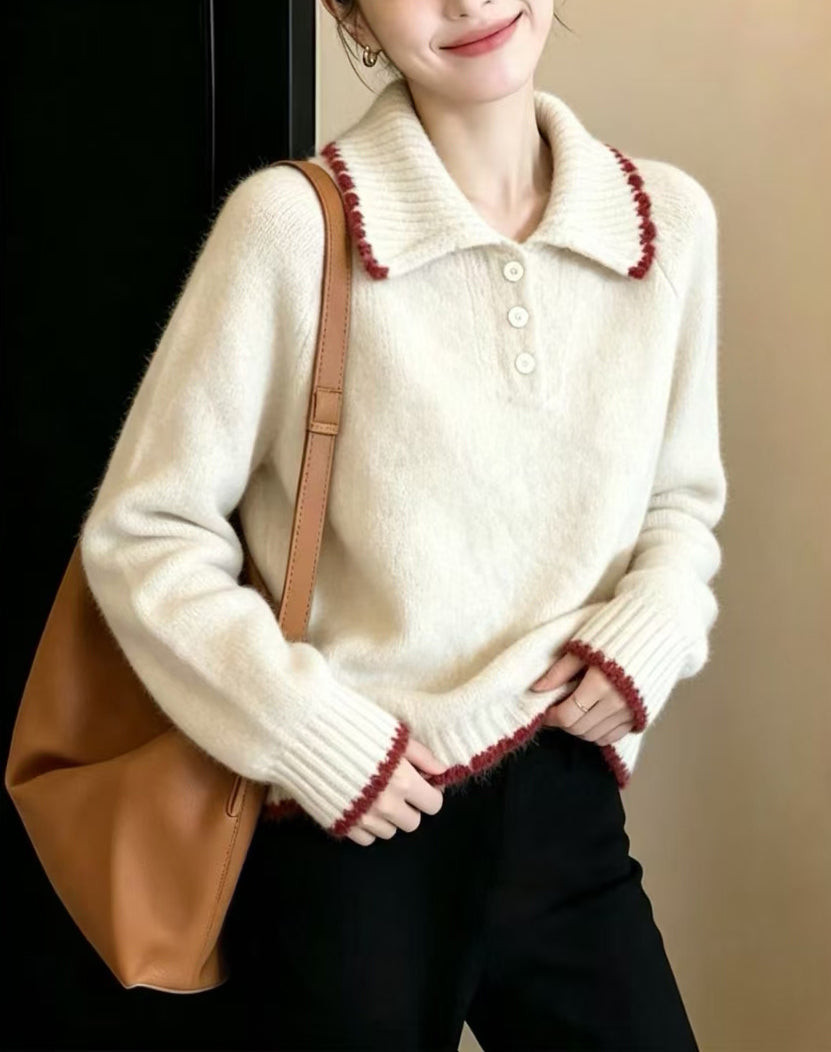 Contrast Trim Knit Polo Sweater | Soft Long Sleeve Pullover