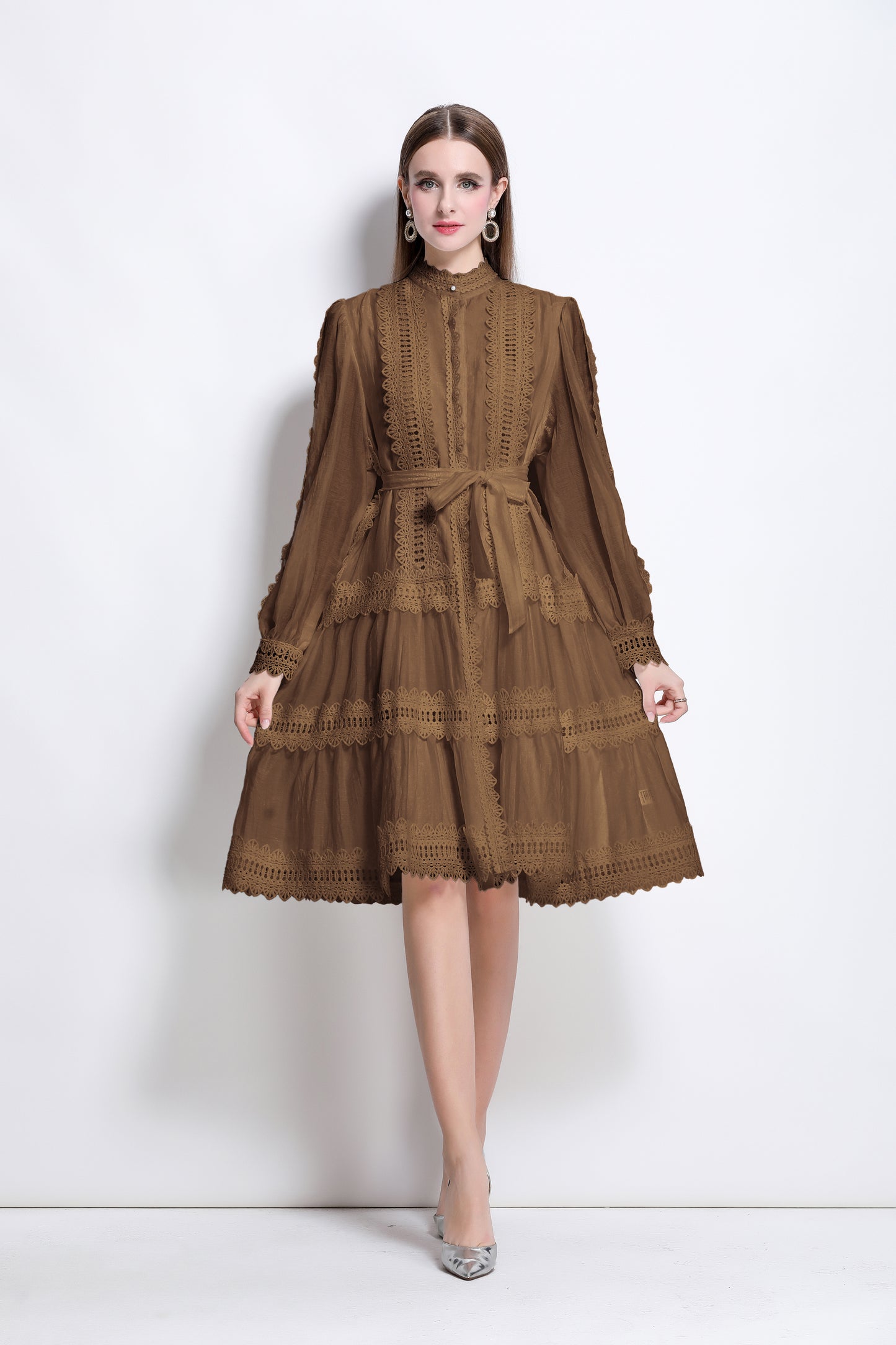 Women's Hollow Lace Lantern Sleeves Midi Dress