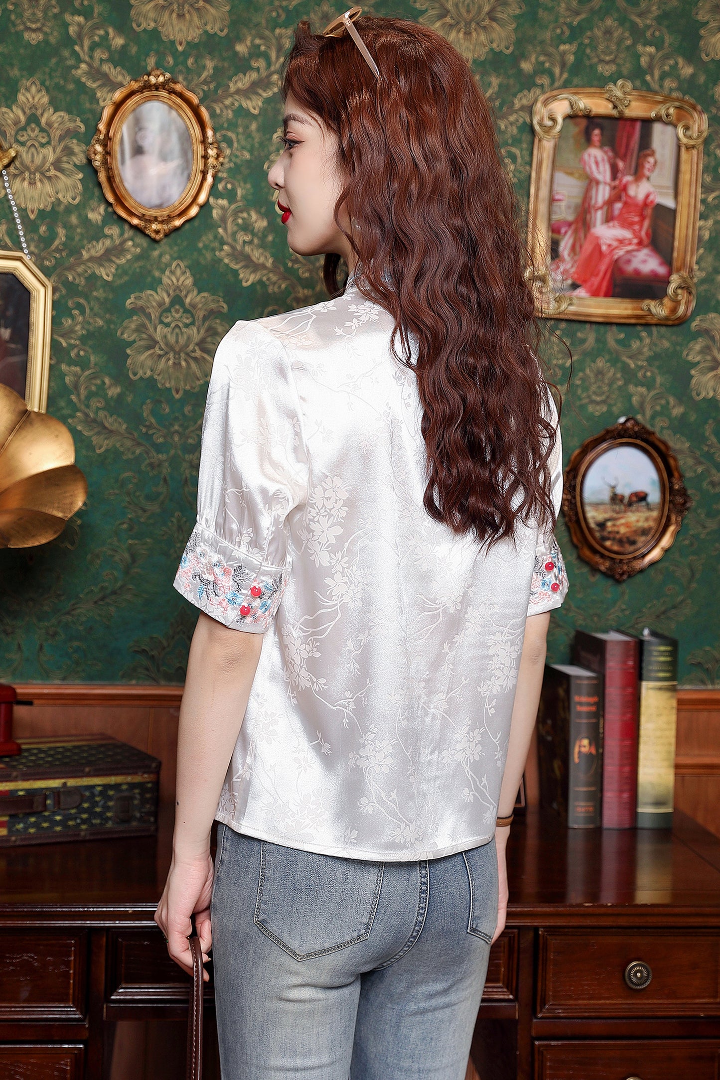 Women's Silk Satin Embroidery Jacquard Blouse Tops