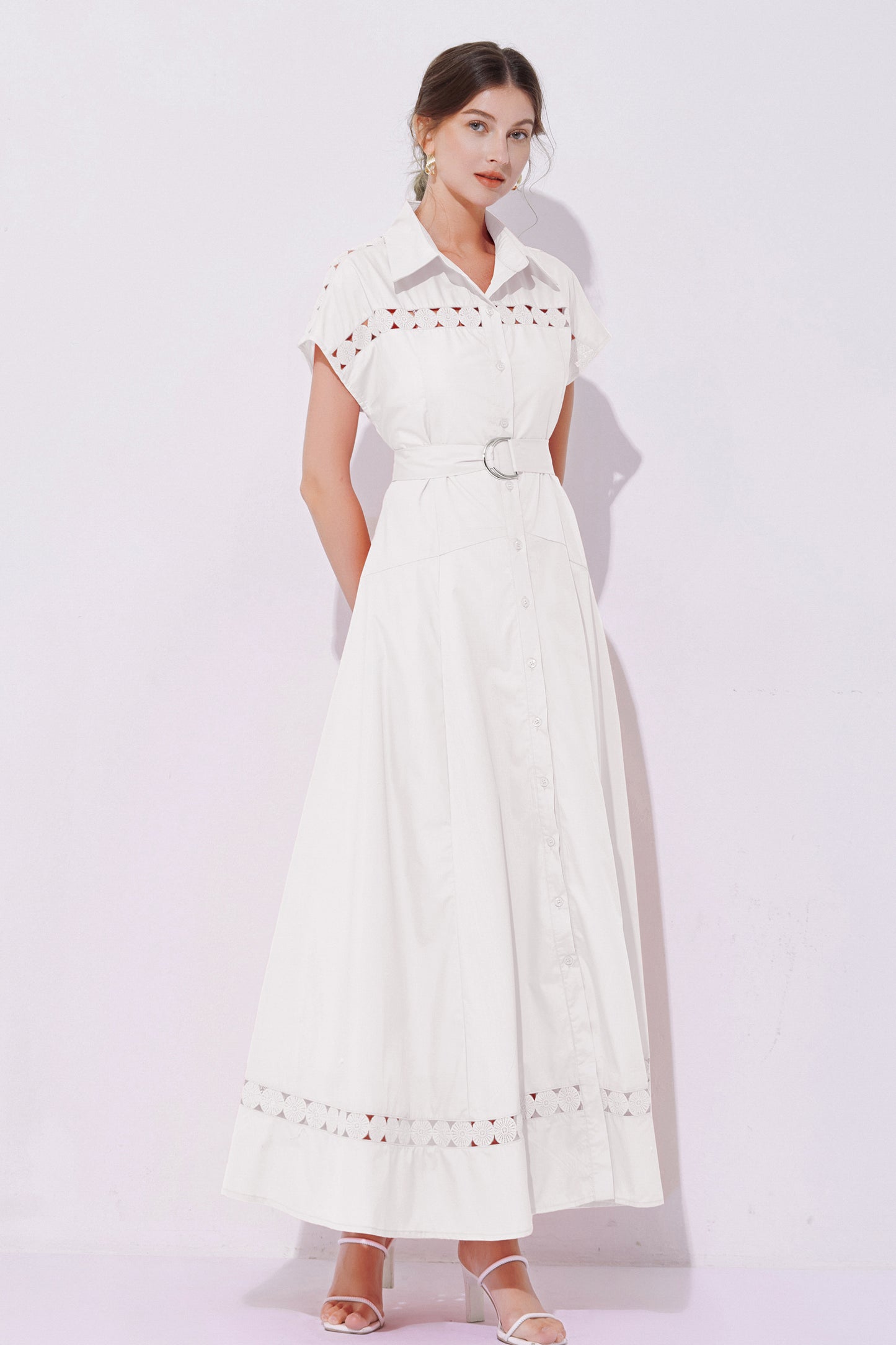 Women's Collar Hollow Cap Sleeve Maxi Dress