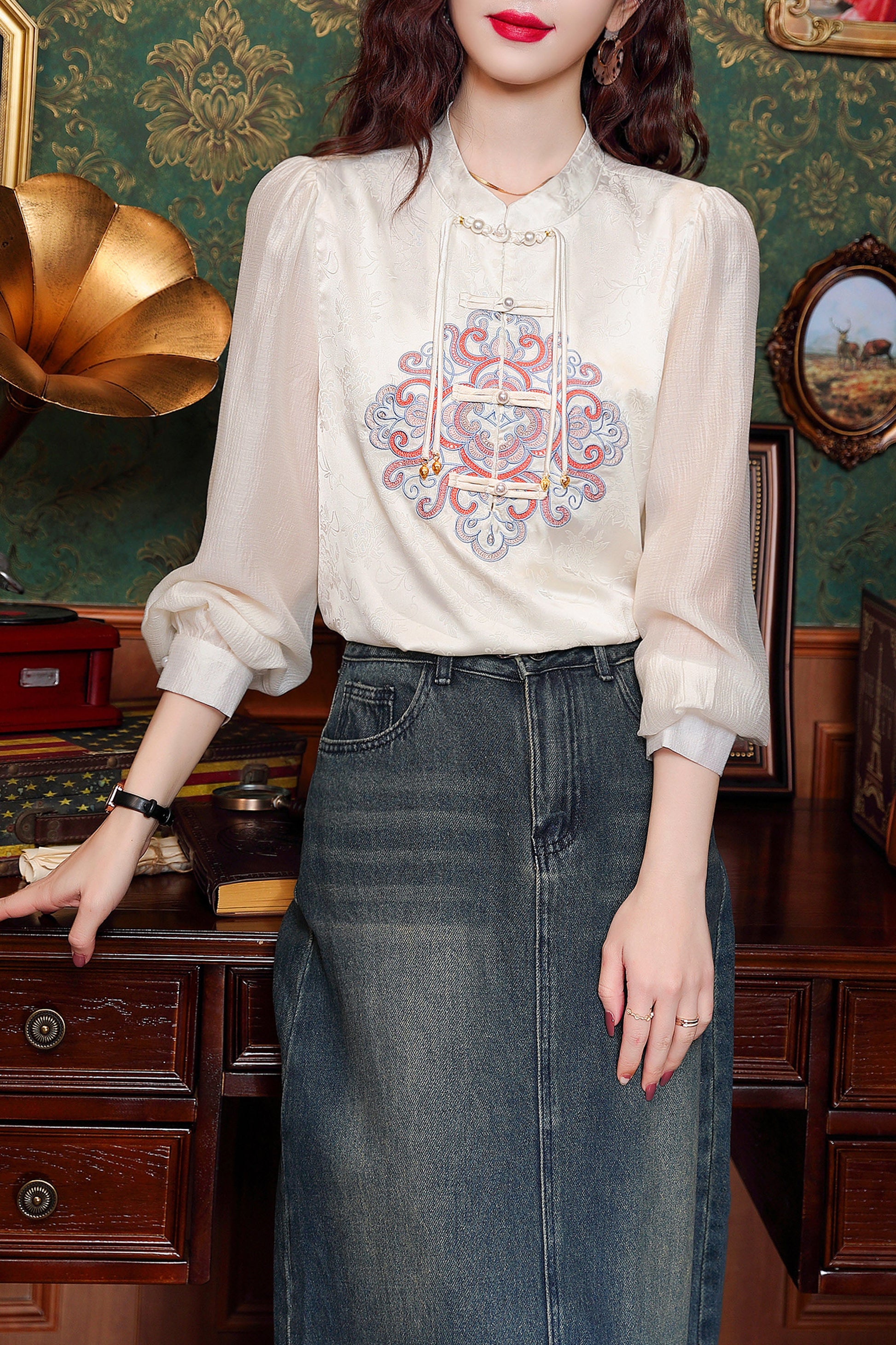 Women's Vintage chinese Silk Satin Top Embroidery Jacquard Blouses - LAI MENG FIVE CATS