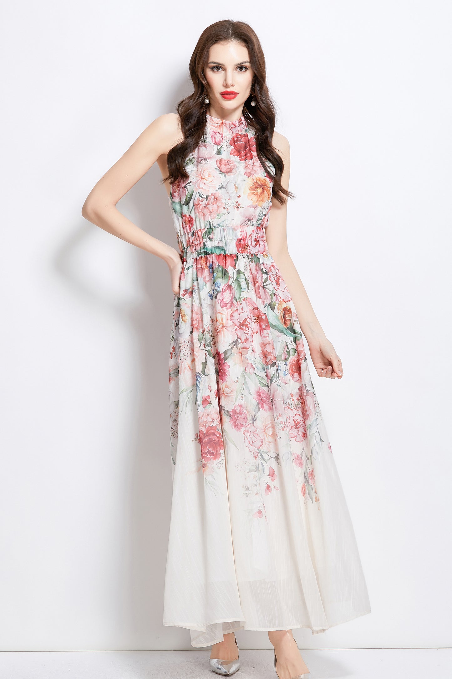 Women's Halter Neck Floral Elastic Waist Maxi Dress