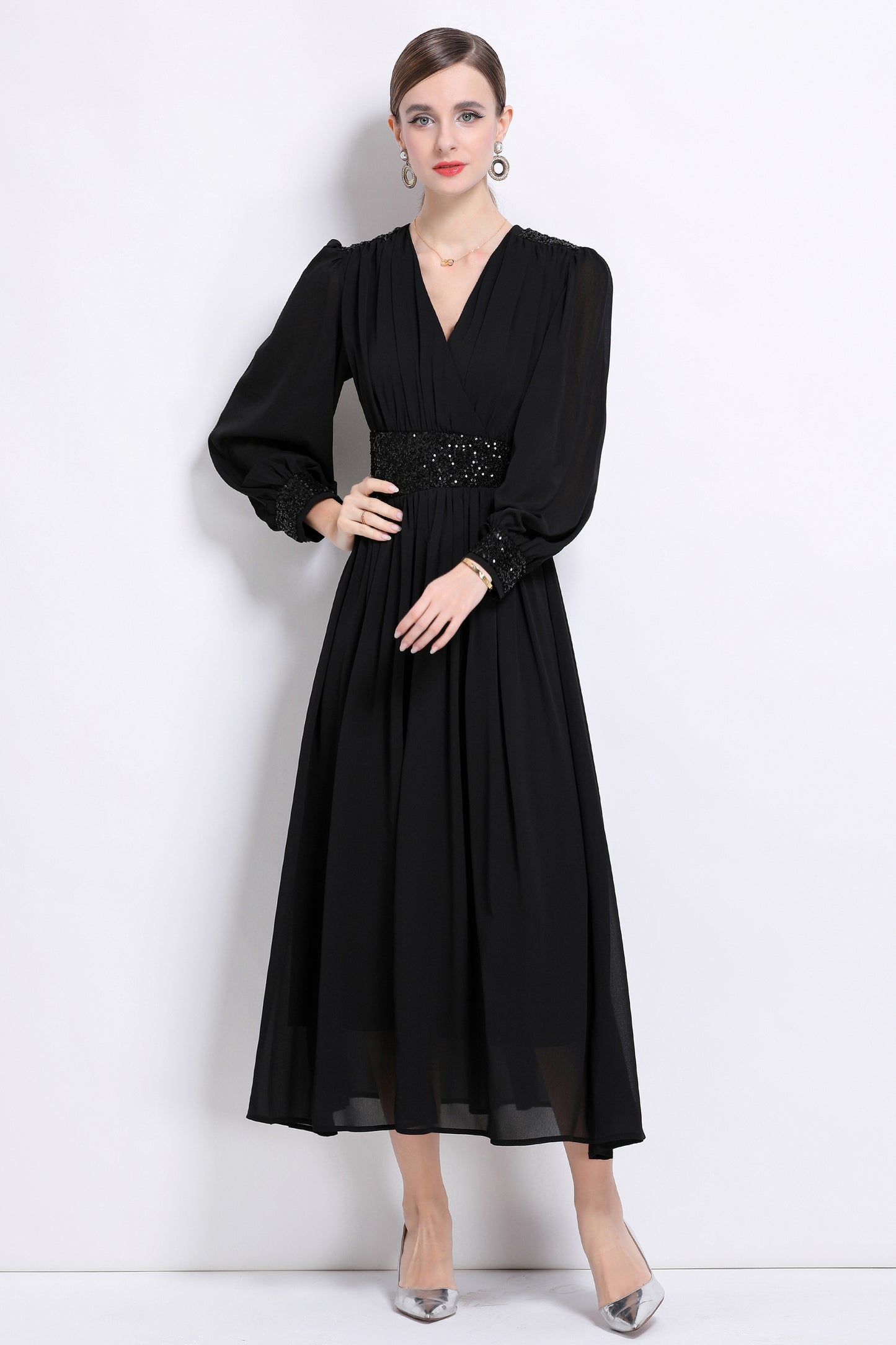 Women's Sequin V-Neck Chiffon Mixi Dresses