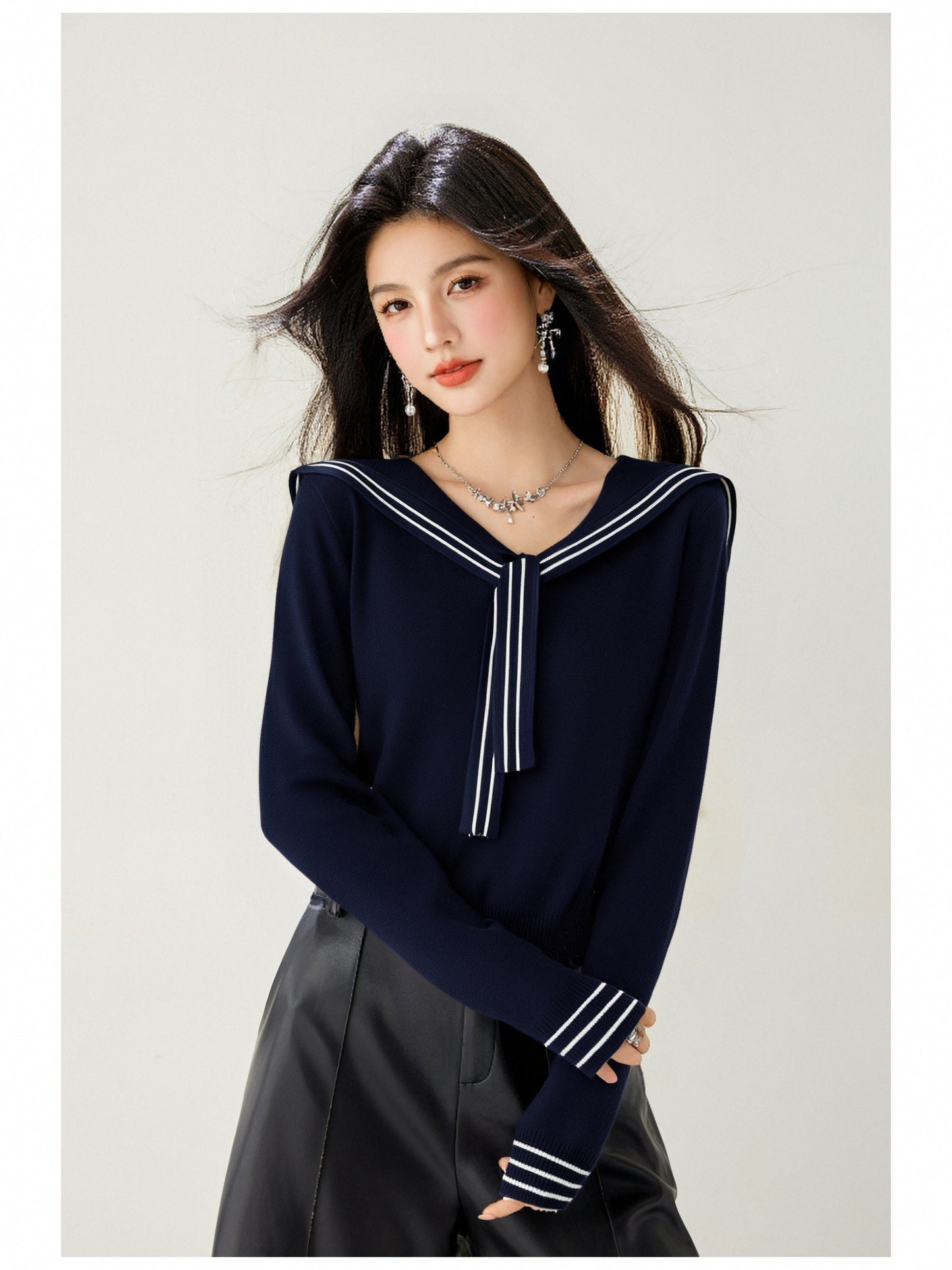 Women's Sailor Collar V-Neck Strip Knit Sweater Blouse