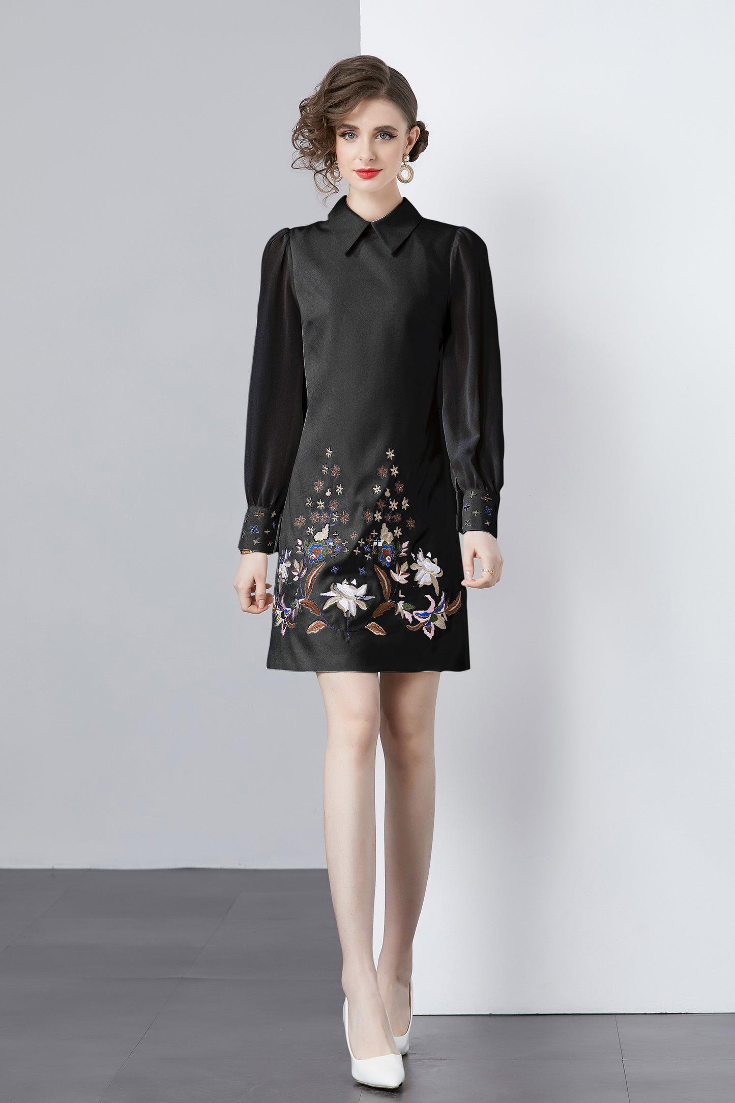Vintage Women's Elegant Embroidered Hight Neck Mini Dress - LAI MENG FIVE CATS