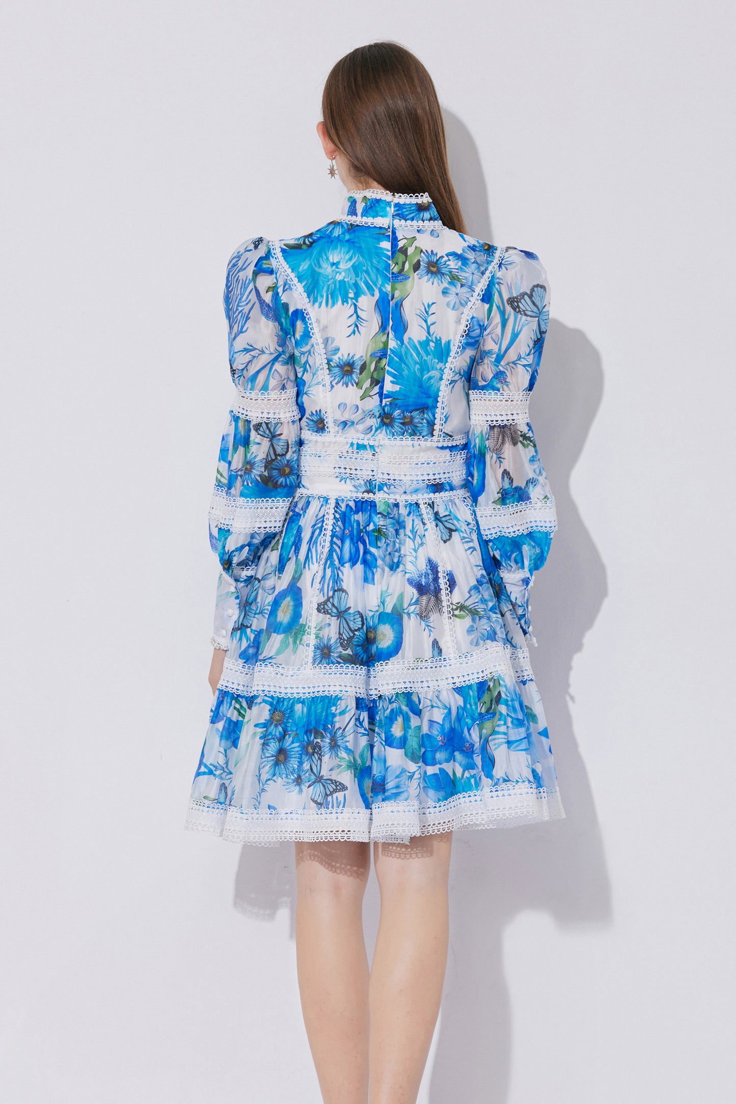 Women's Puff Sleeves Hollow Mesh Mini Dress