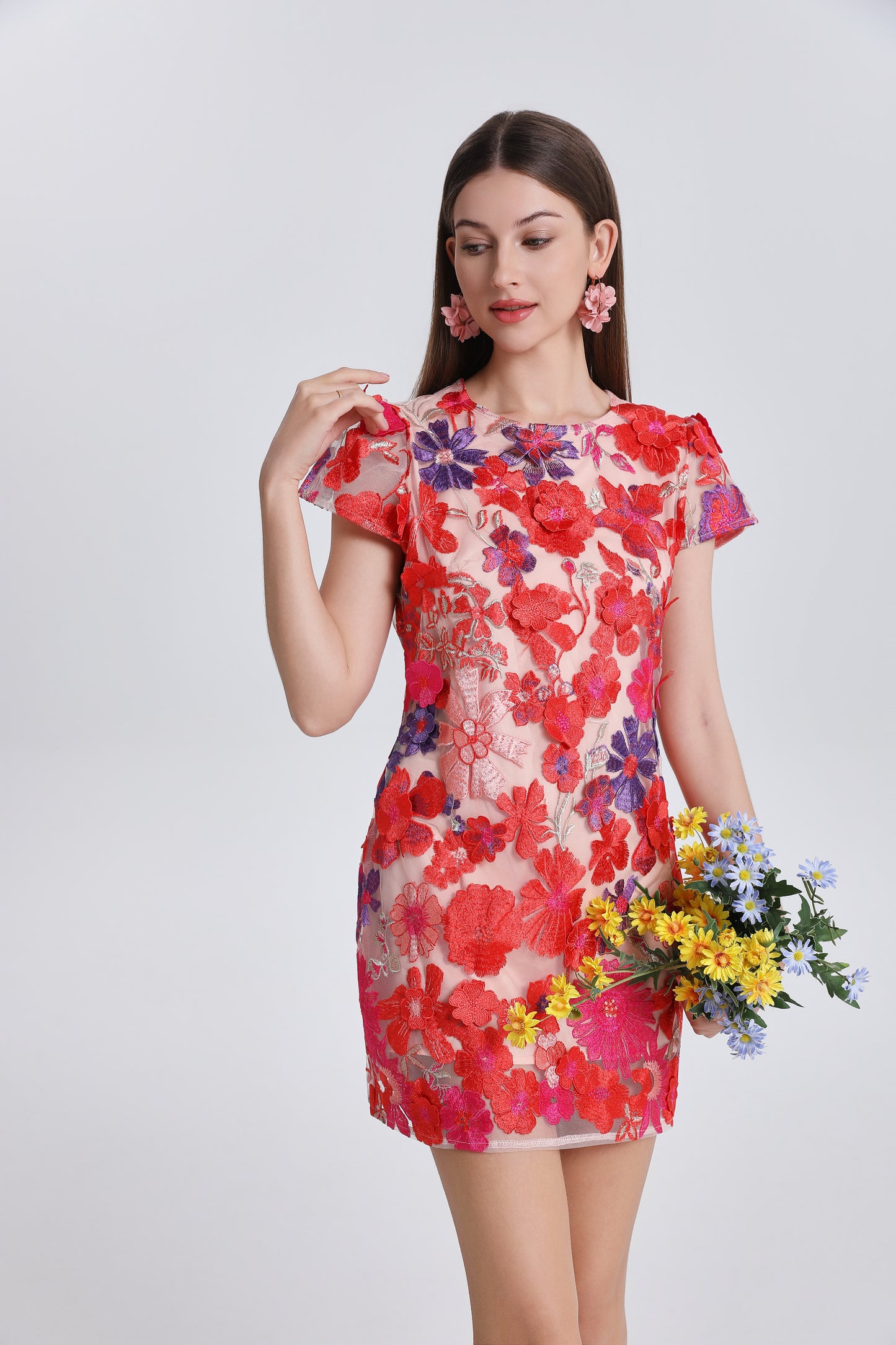 Women's 3D Floral Embroidery Mesh Lace Mini Dress