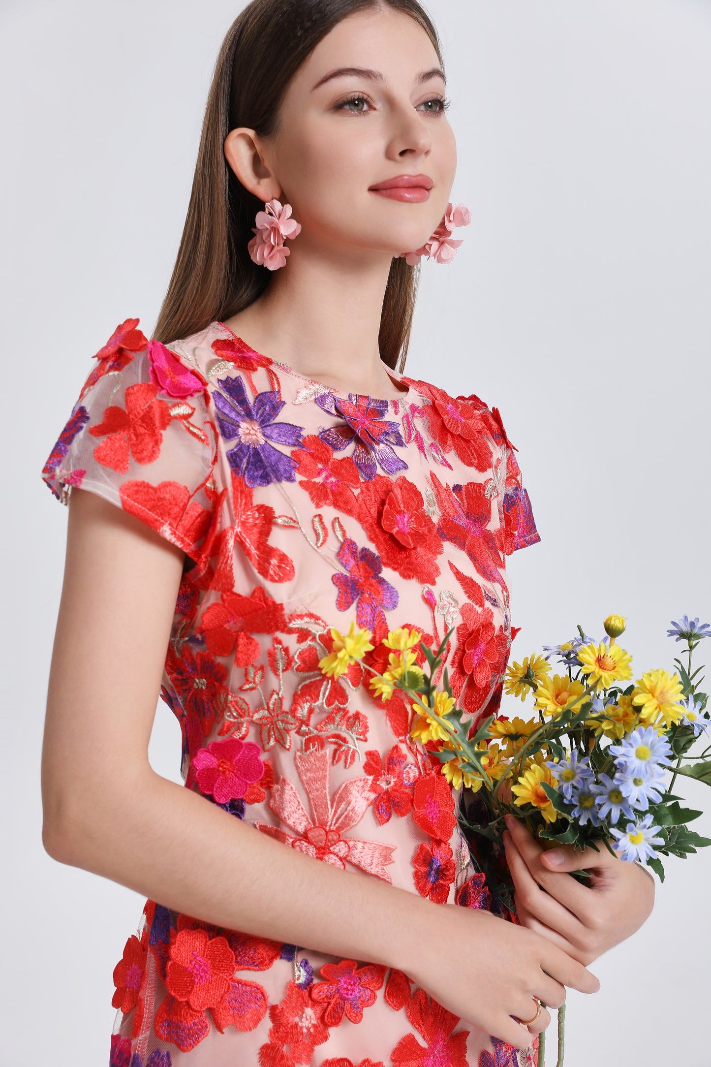 Women's 3D Floral Embroidery Mesh Lace Mini Dress