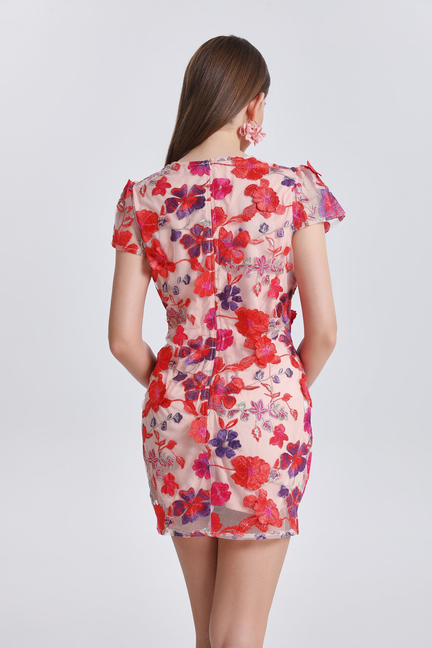 Women's 3D Floral Embroidery Mesh Lace Mini Dress