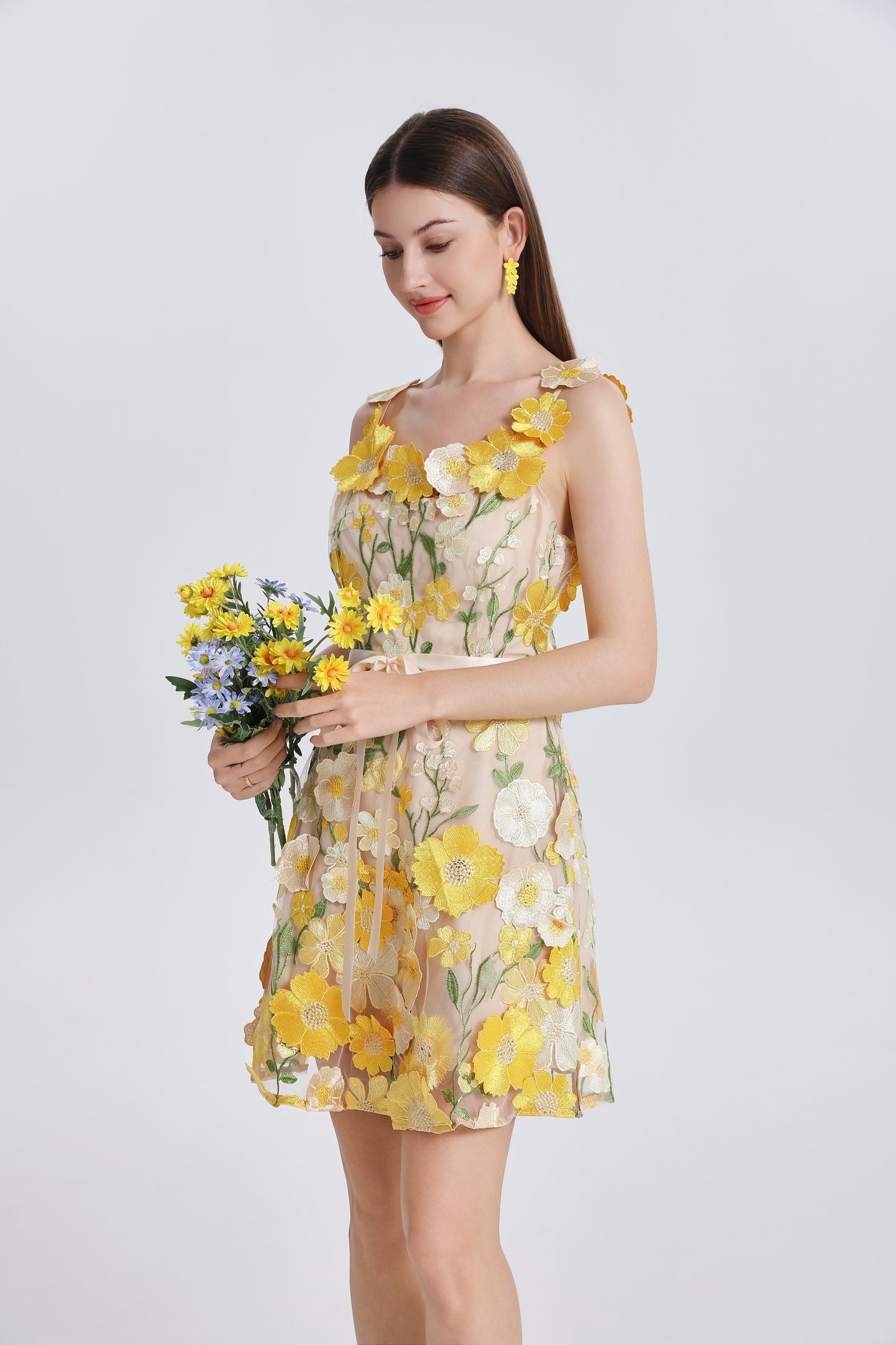 Women's Adjustable Spaghetti Straps 3D Floral Tulle Mini Dress
