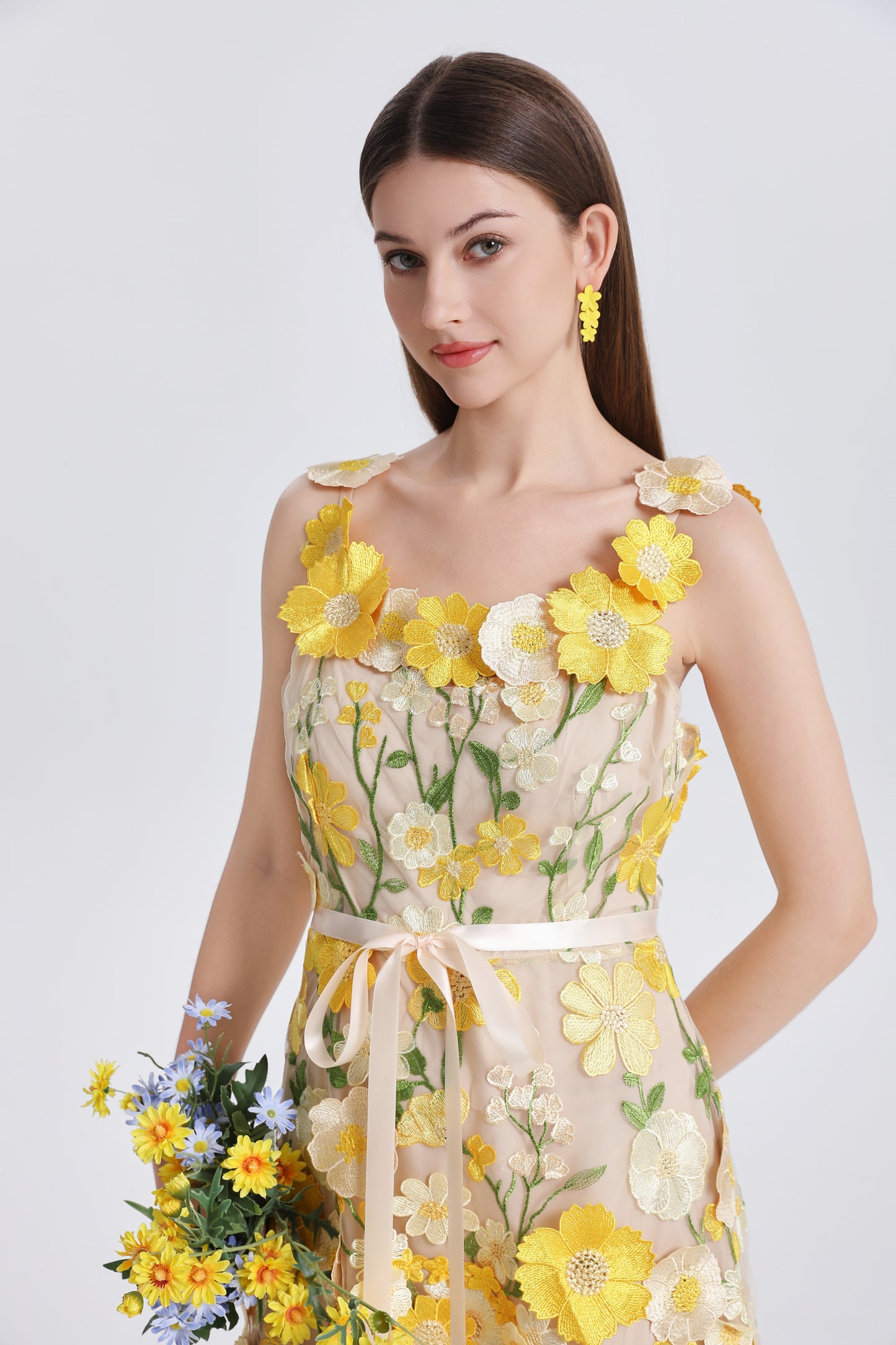 Women's Adjustable Spaghetti Straps 3D Floral Tulle Mini Dress