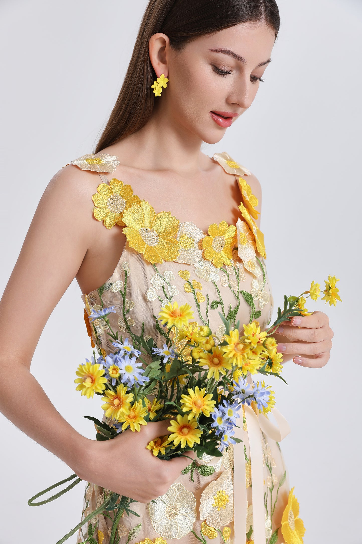 Women's Adjustable Spaghetti Straps 3D Floral Tulle Mini Dress