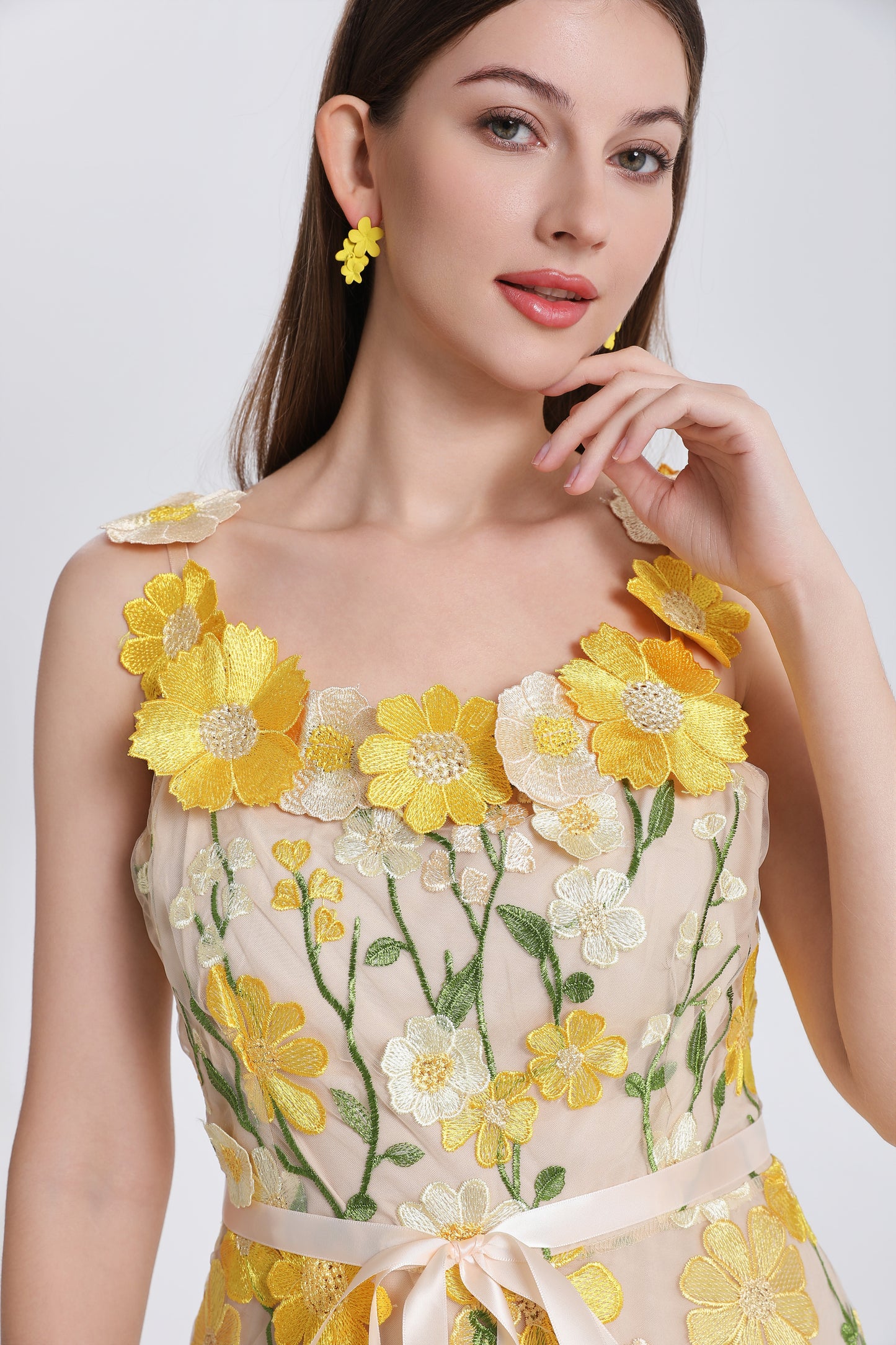 Women's Adjustable Spaghetti Straps 3D Floral Tulle Mini Dress