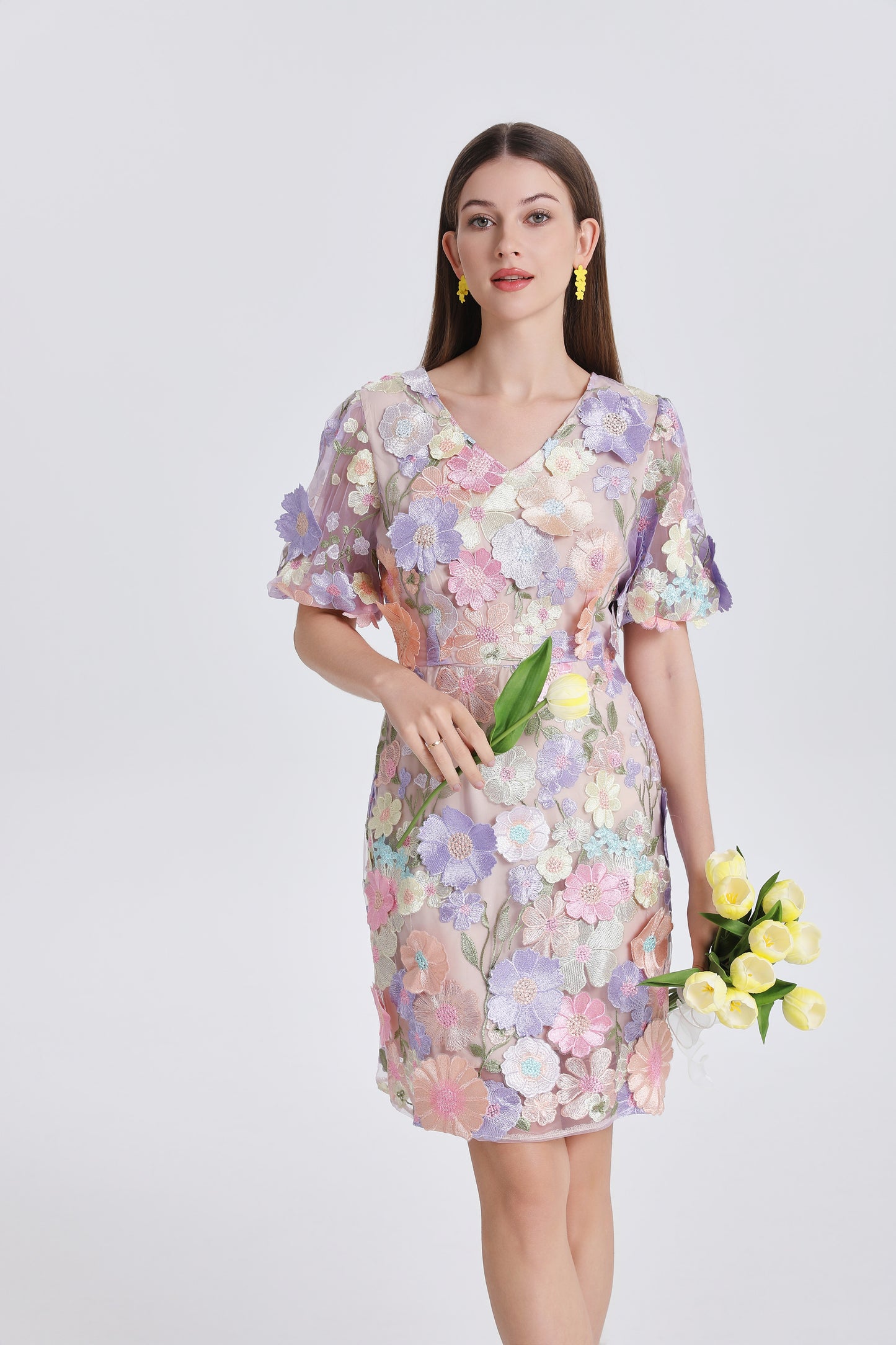 Women's 3D Floral Embroidery Tulle Lace Mesh Mini Dress