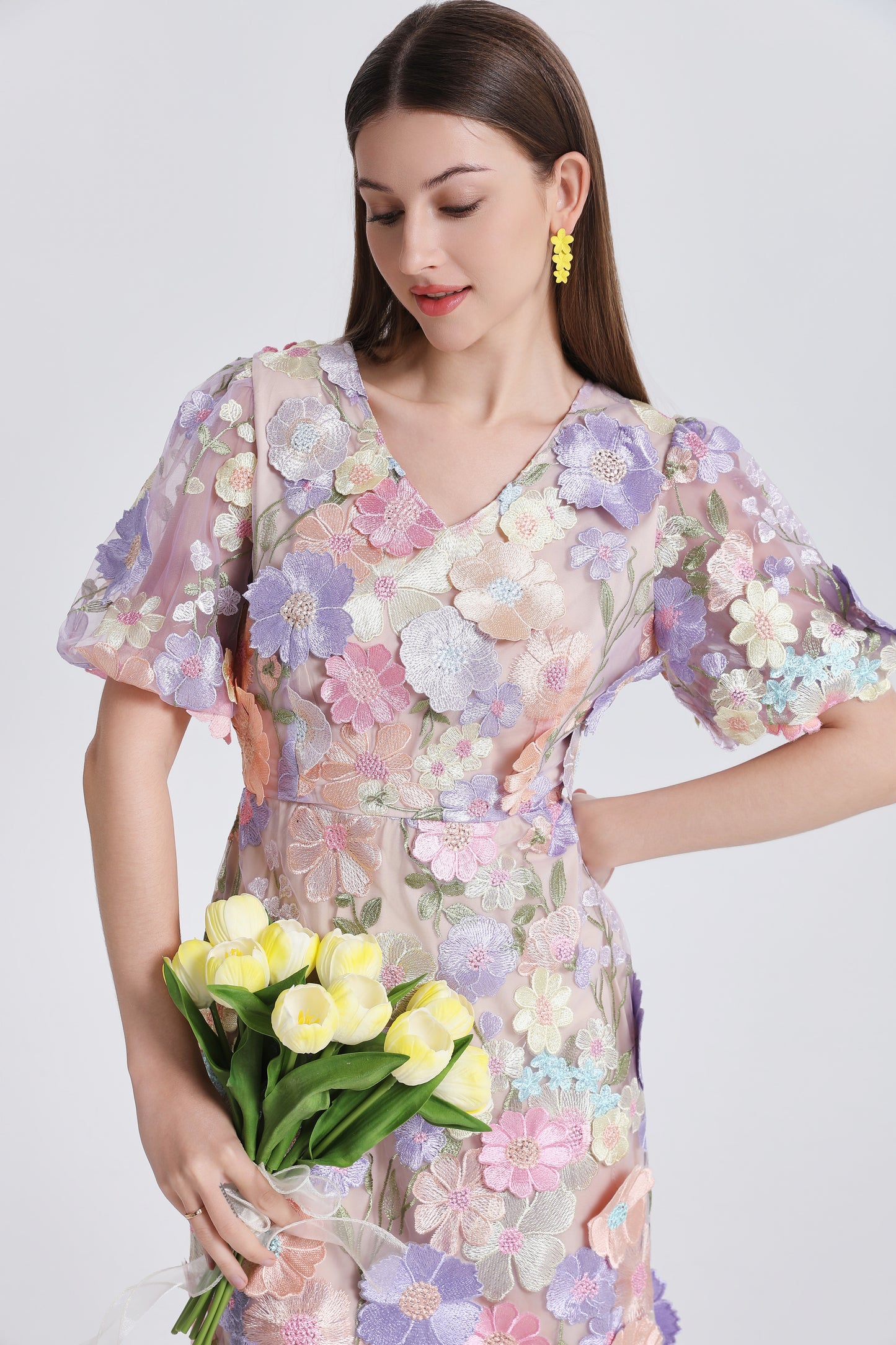 Women's 3D Floral Embroidery Tulle Lace Mesh Mini Dress