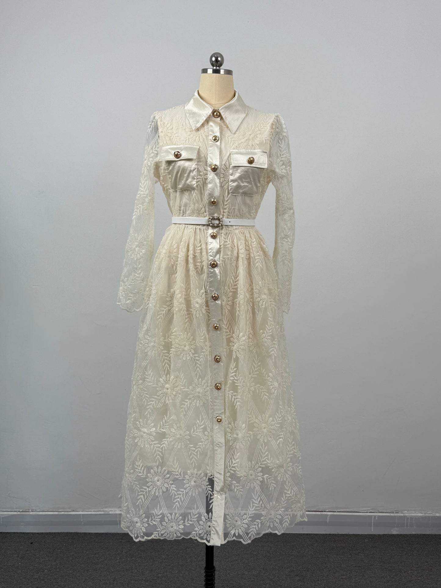 Women's Long Sleeve Lace Silk Patchwork Midi Dress - LAI MENG FIVE CATS