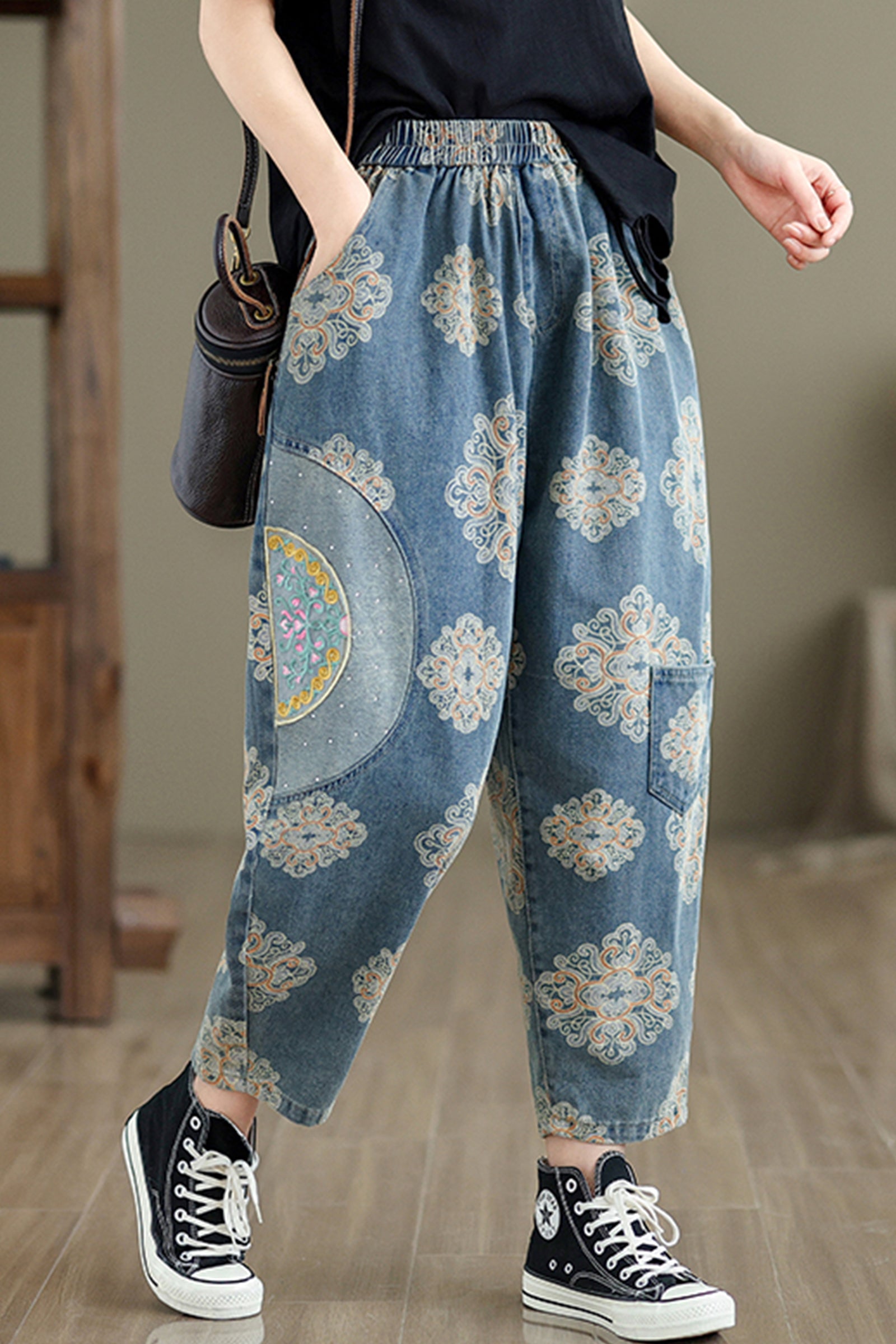 Women's Baggy Jeans Pattern Elastic Waist Casual Harem Pants With Pockets - LAI MENG FIVE CATS