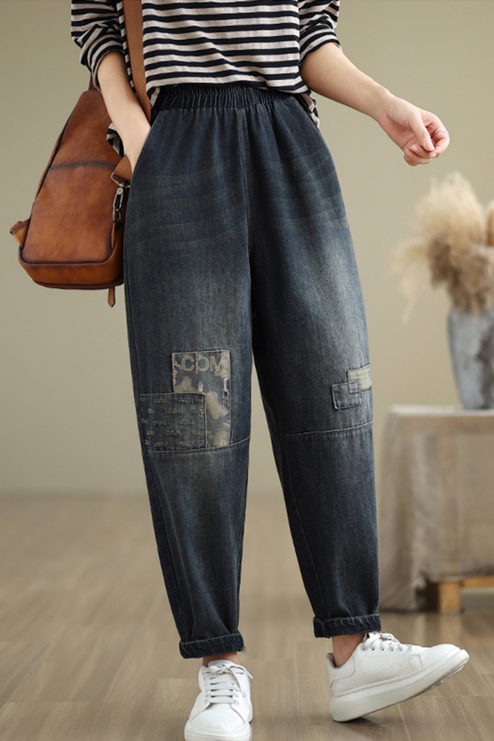 Women's Baggy Jeans Pattern Elastic Waist Casual Harem Pants With Pockets - LAI MENG FIVE CATS