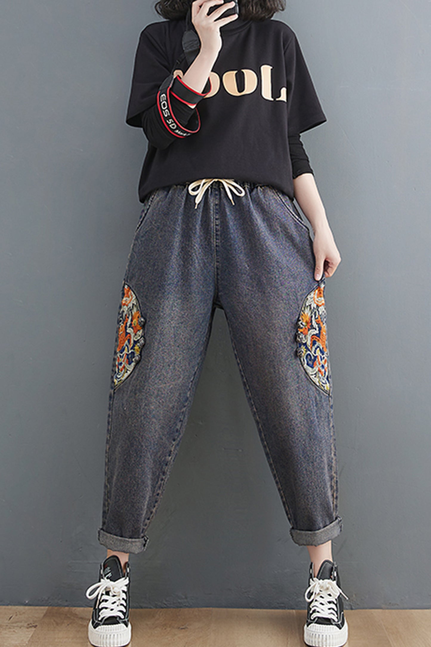 Women's Jeans Pattern Elastic Waist Casual Harem Pants With Pockets - LAI MENG FIVE CATS