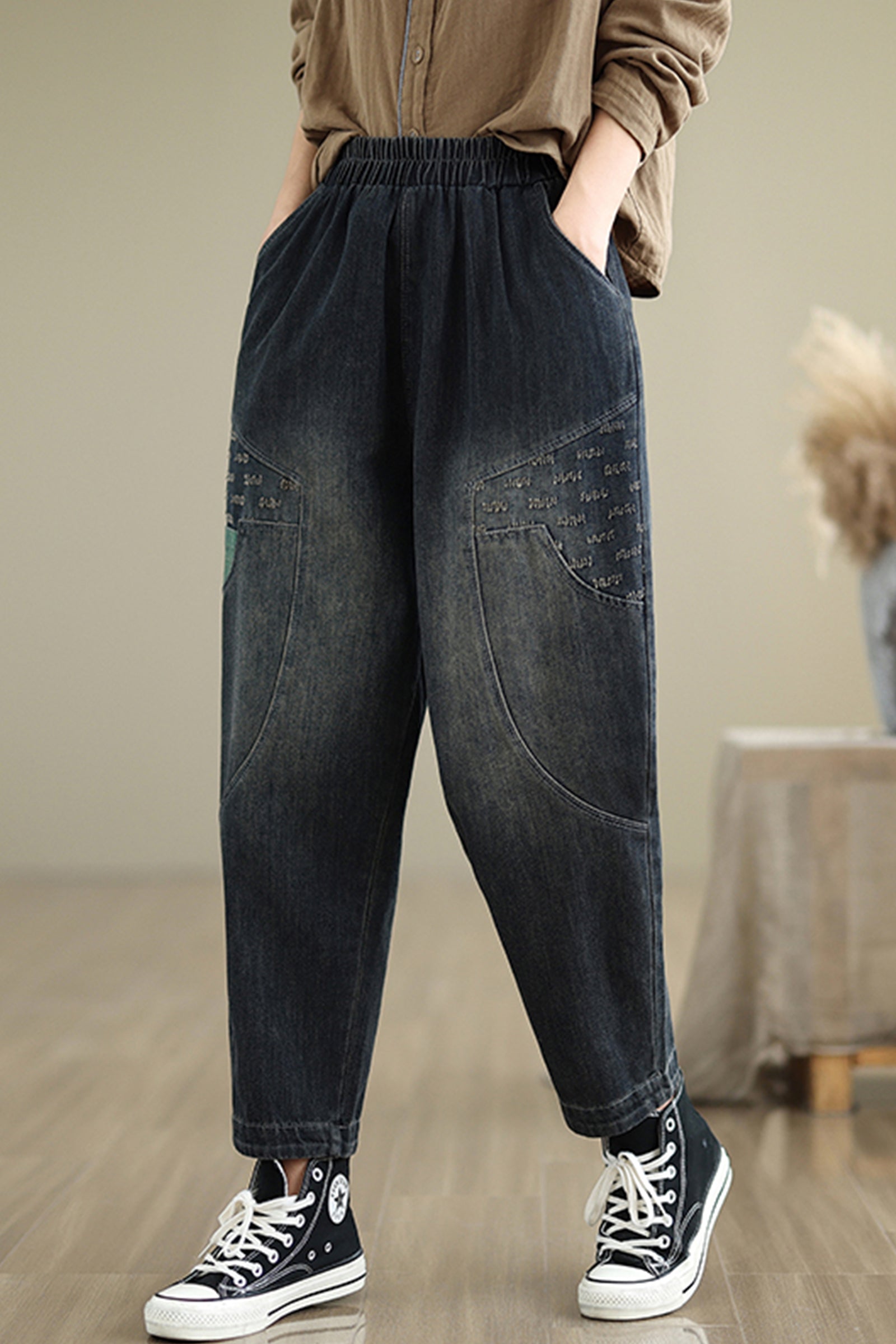 Women's Baggy Jeans Pattern Elastic Waist Casual Harem Pants With Pockets - LAI MENG FIVE CATS