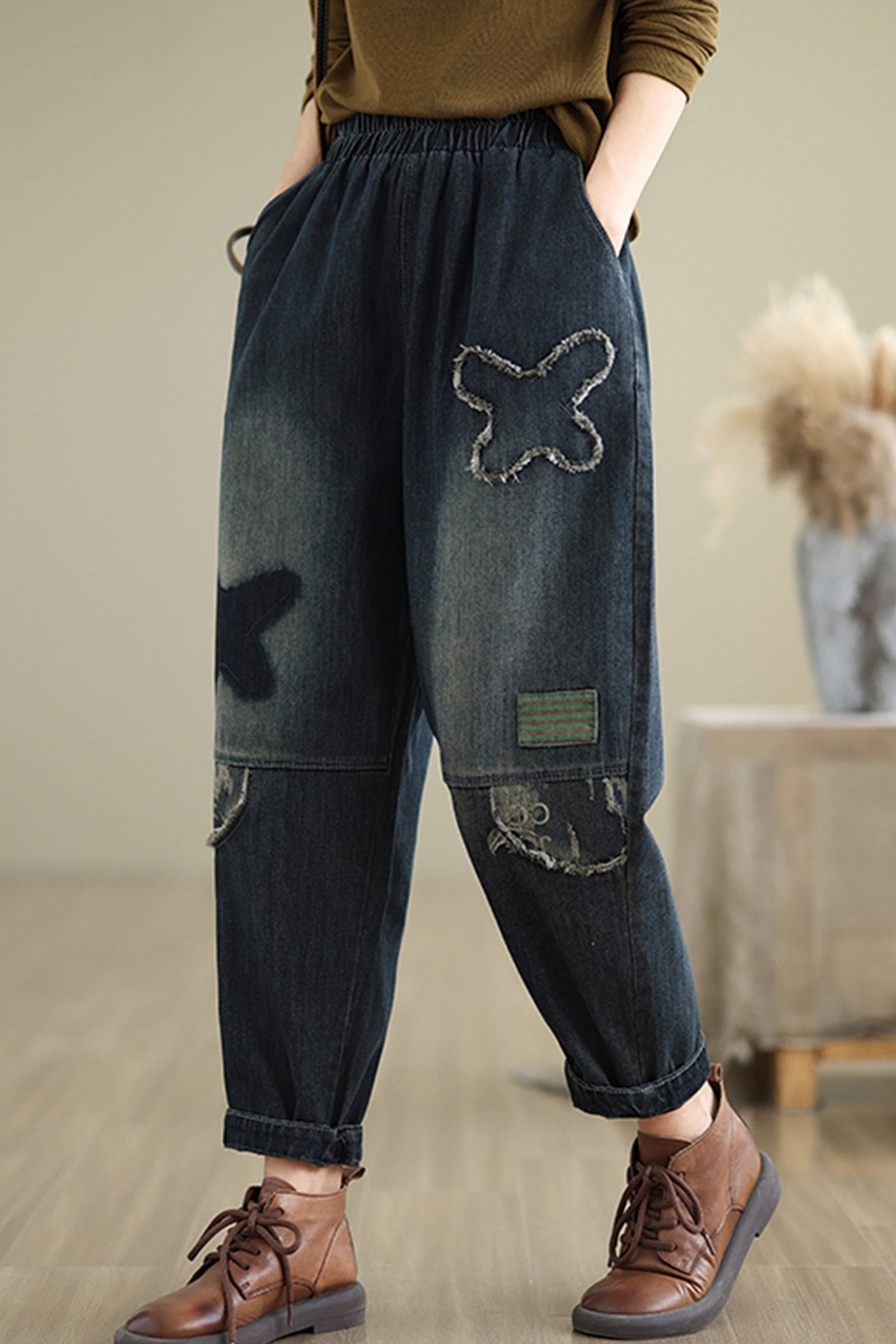 Women's Baggy Jeans Pattern Elastic Waist Casual Harem Pants - LAI MENG FIVE CATS