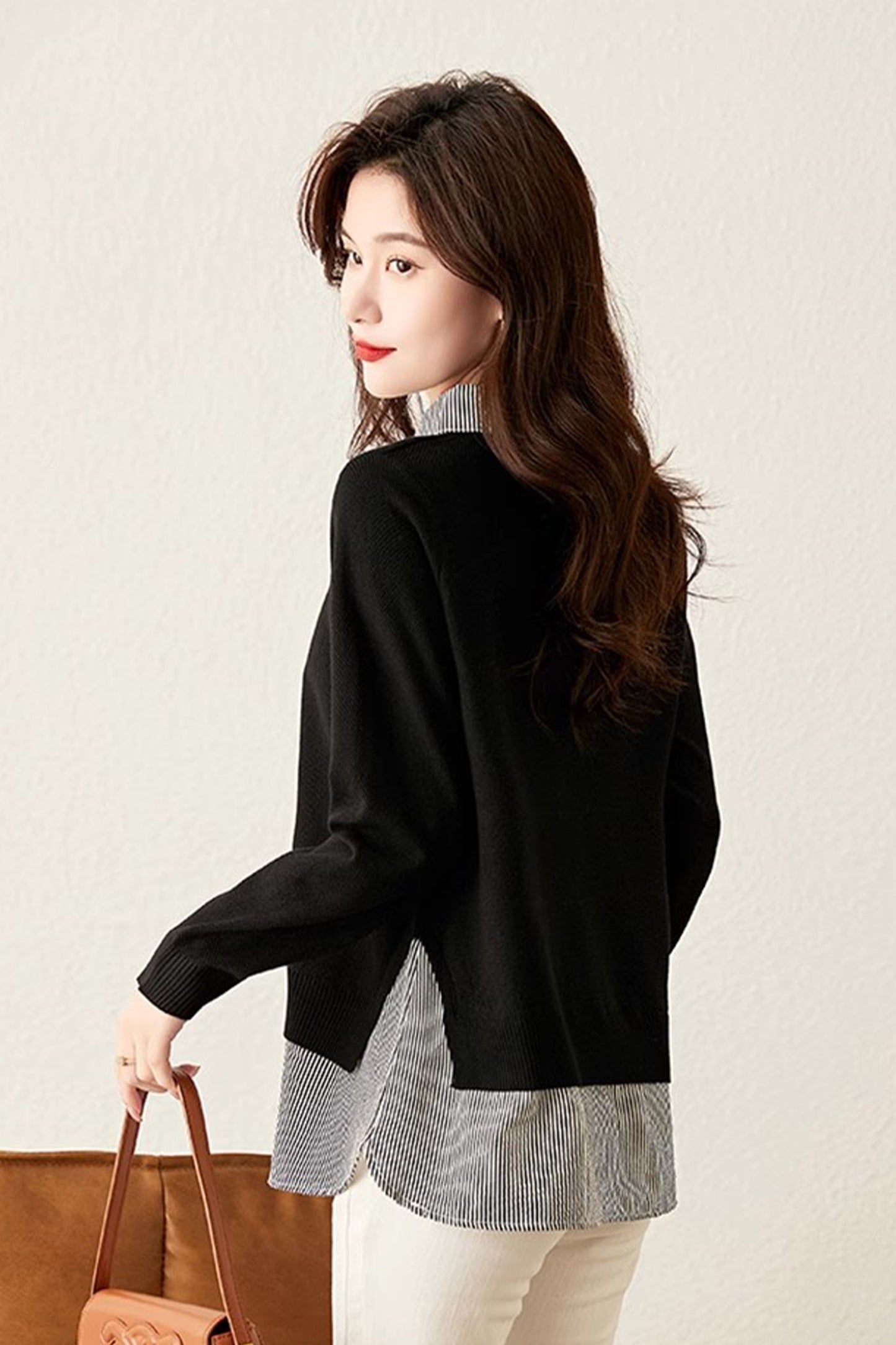 Women's Patchwork Shirt Collar Cotton Knit Pullover Tops - LAI MENG FIVE CATS