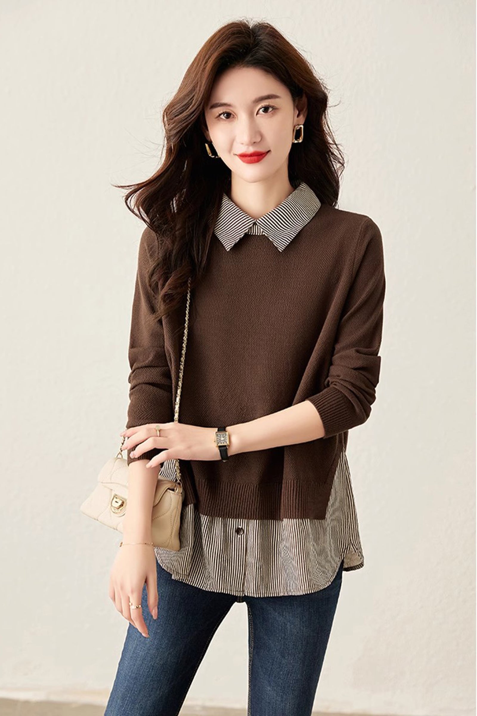 Women's Patchwork Shirt Collar Cotton  Knit Pullover Tops - LAI MENG FIVE CATS