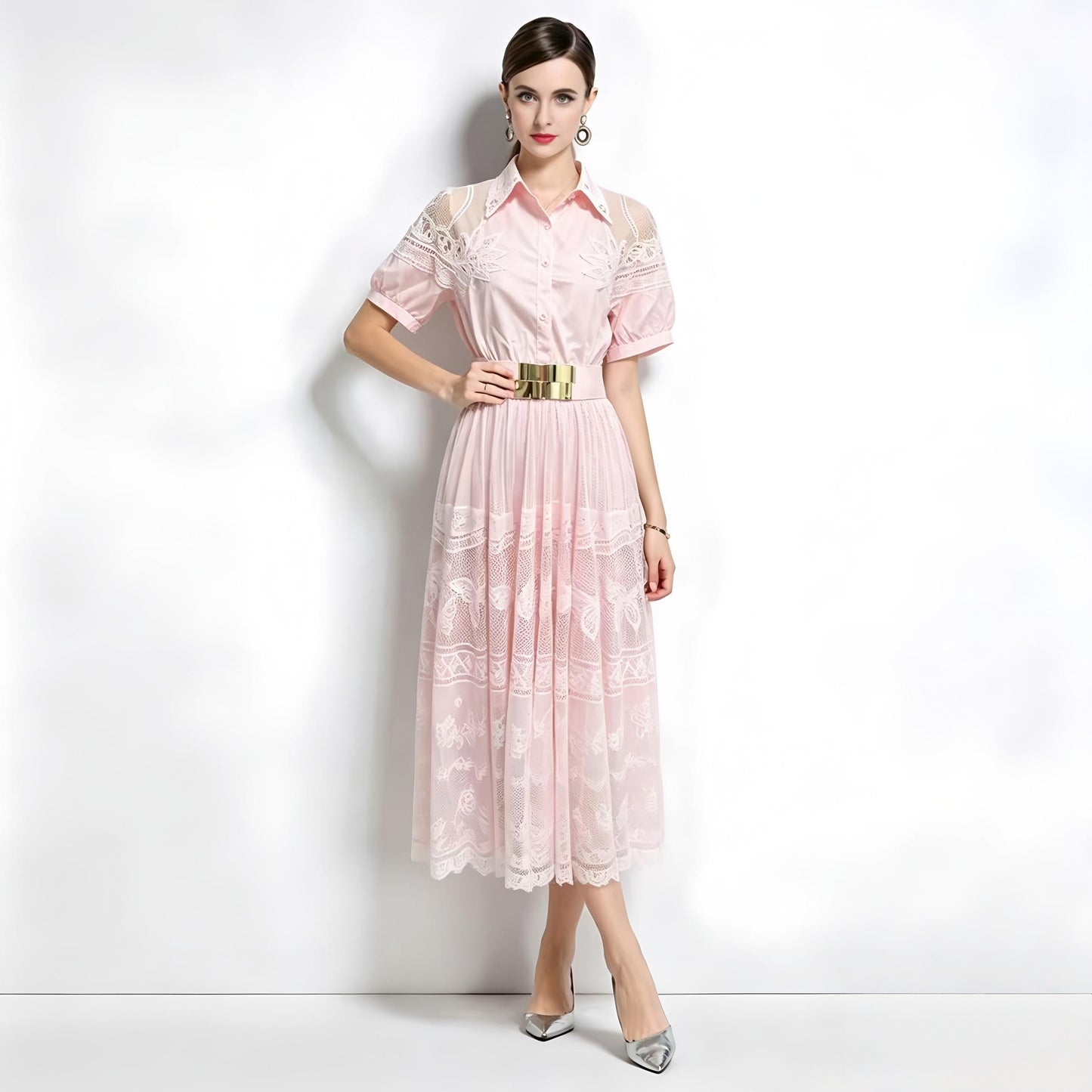 Romantic Pink Short Sleeve Lace Mesh Midi Dress with Belt