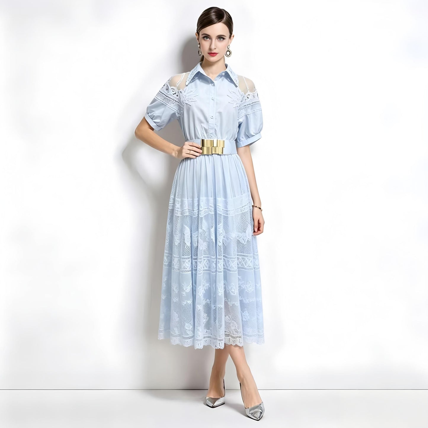 Romantic Blue Short Sleeve Lace Mesh Midi Dress with Belt - LAI MENG FIVE CATS