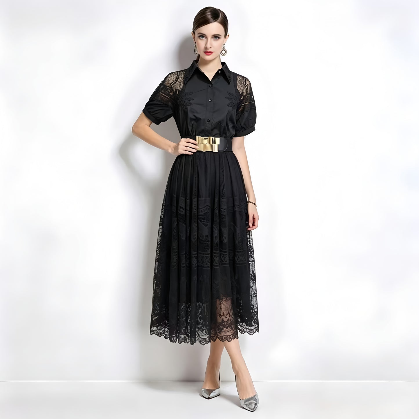 Romantic Black Short Sleeve Lace Mesh Midi Dress with Belt - LAI MENG FIVE CATS