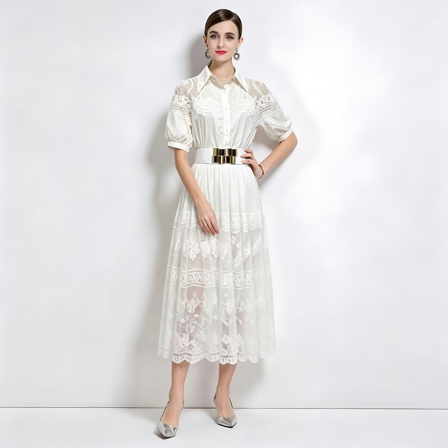 Romantic White Short Sleeve Lace Mesh Midi Dress with Belt - LAI MENG FIVE CATS