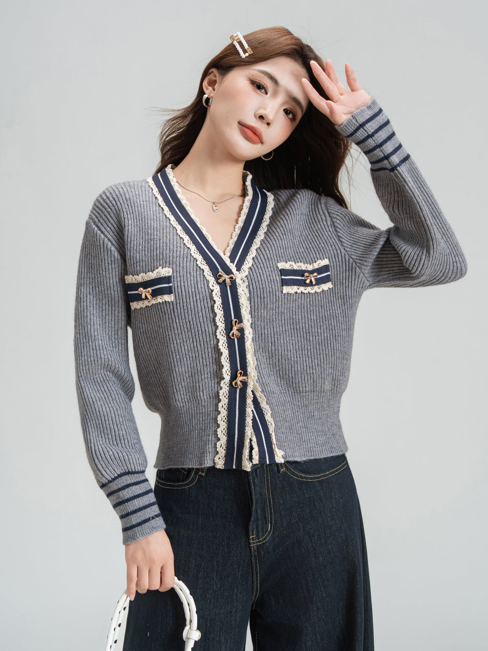 Women's Cardigan Sweater V-Neck Knit Preppy Knitwear