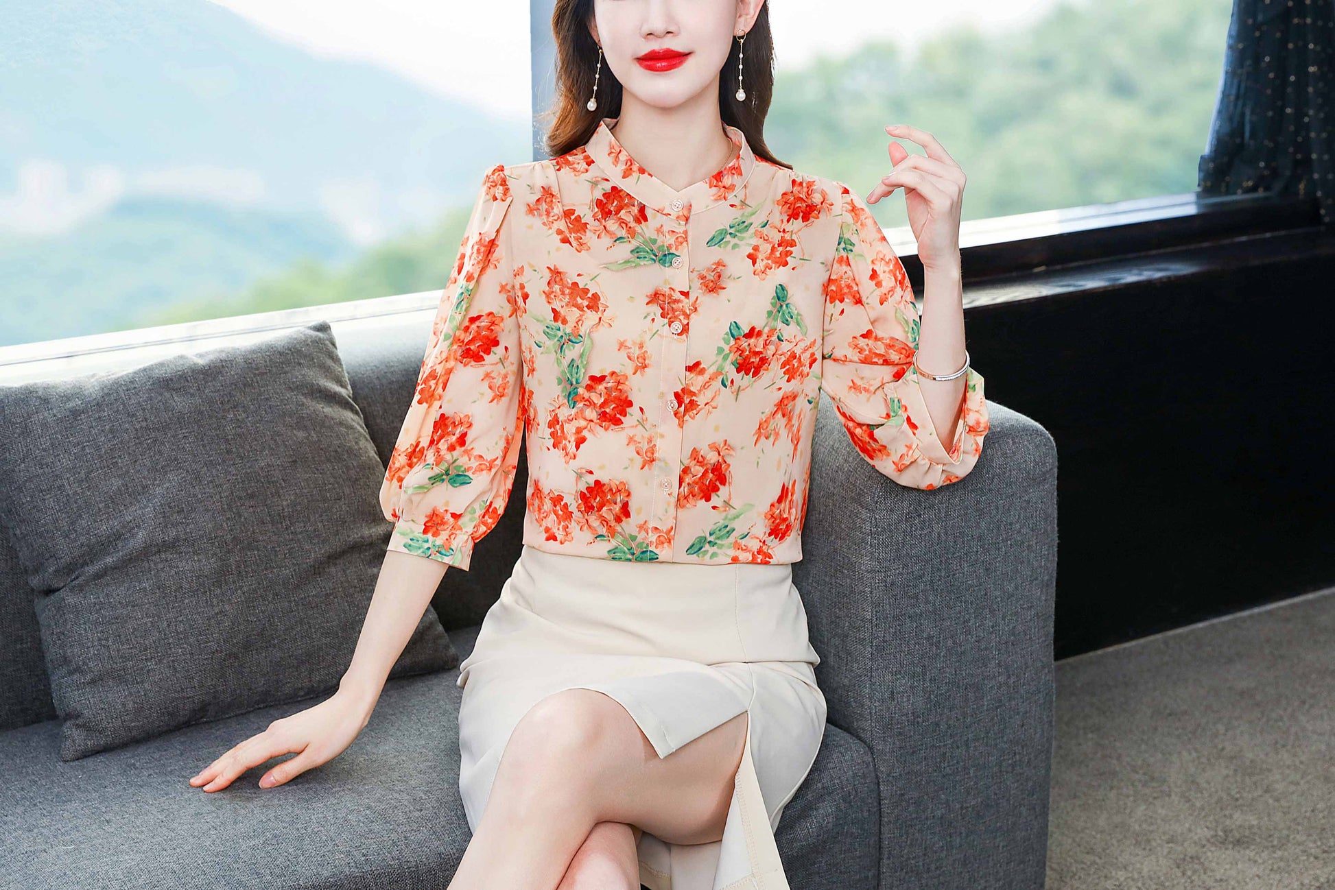 Silk Blouse Satin Lantern Sleeve Button up Casual Print Loose Tops Shirt - LAI MENG FIVE CATS