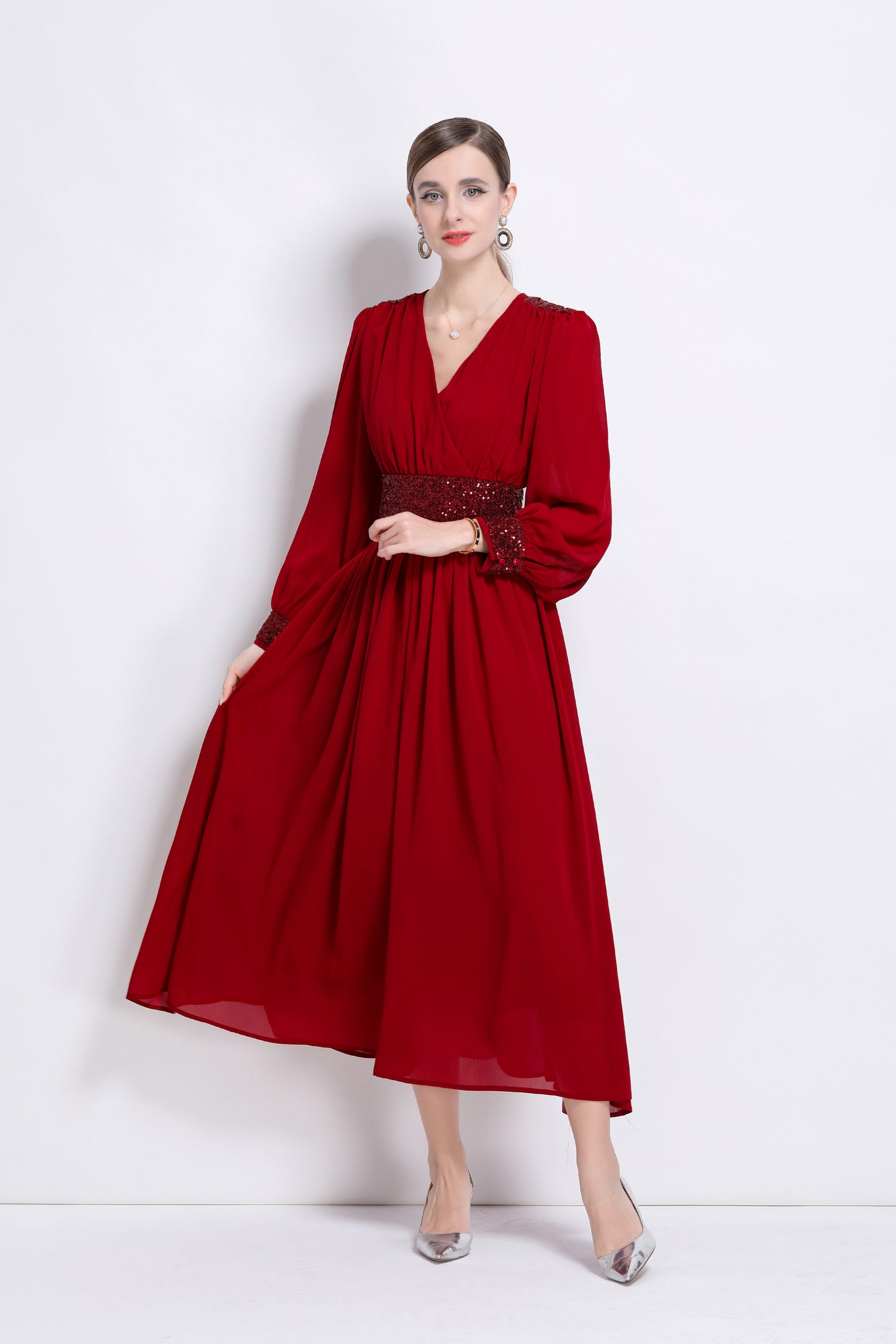 Women's Sequin V-Neck Chiffon Mixi Dresses