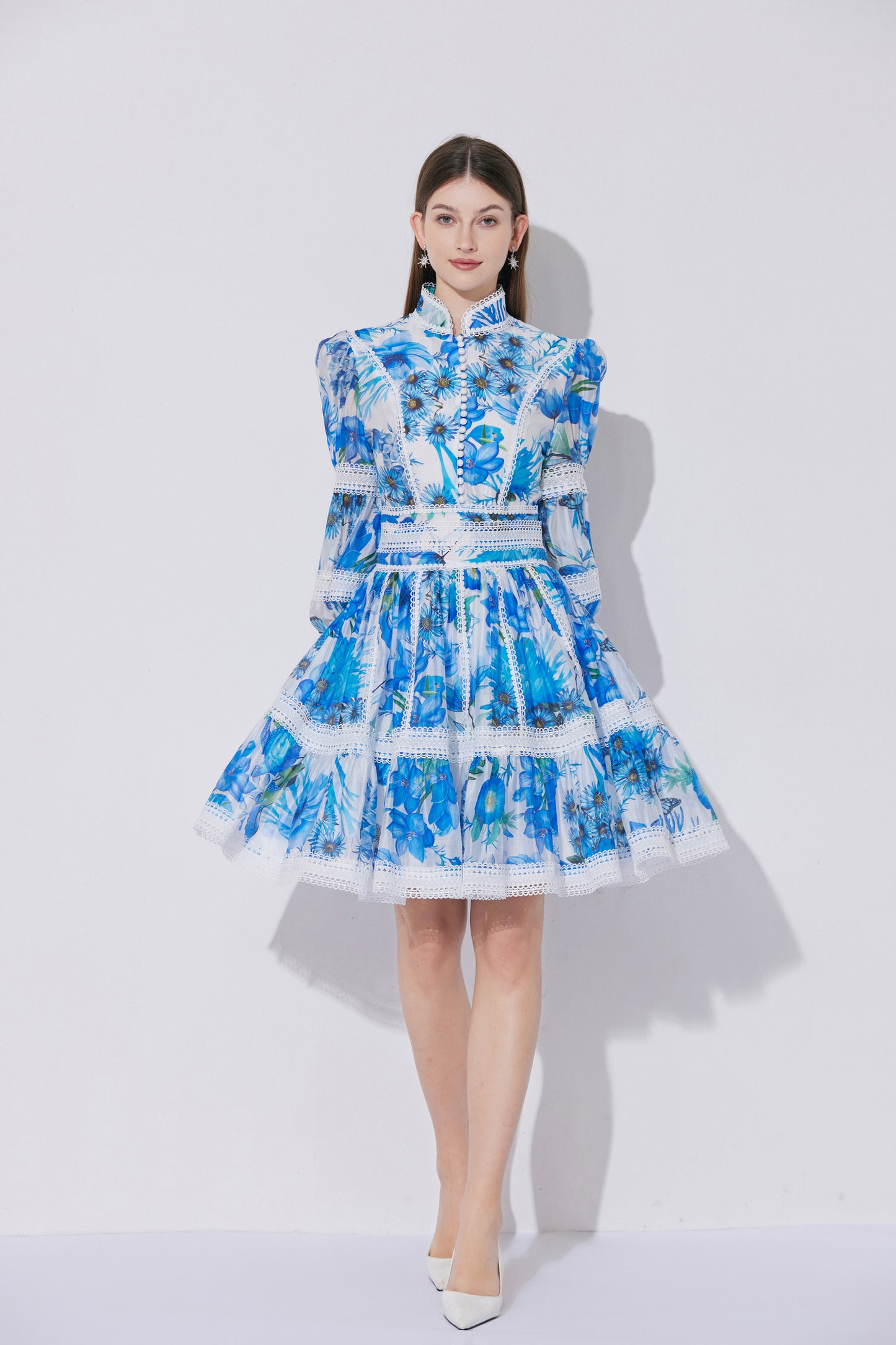 Women's Puff Sleeves Hollow Mesh Mini Dress