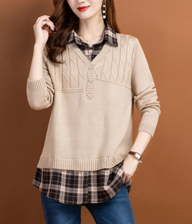 Women's V Neck Plaid Layered Look Knit Pullover Tops