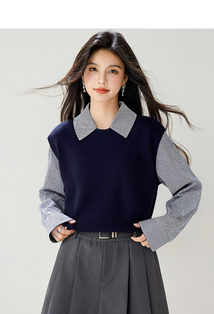 Women's Collared Stirpe Long Sleeve Pullover Sweater