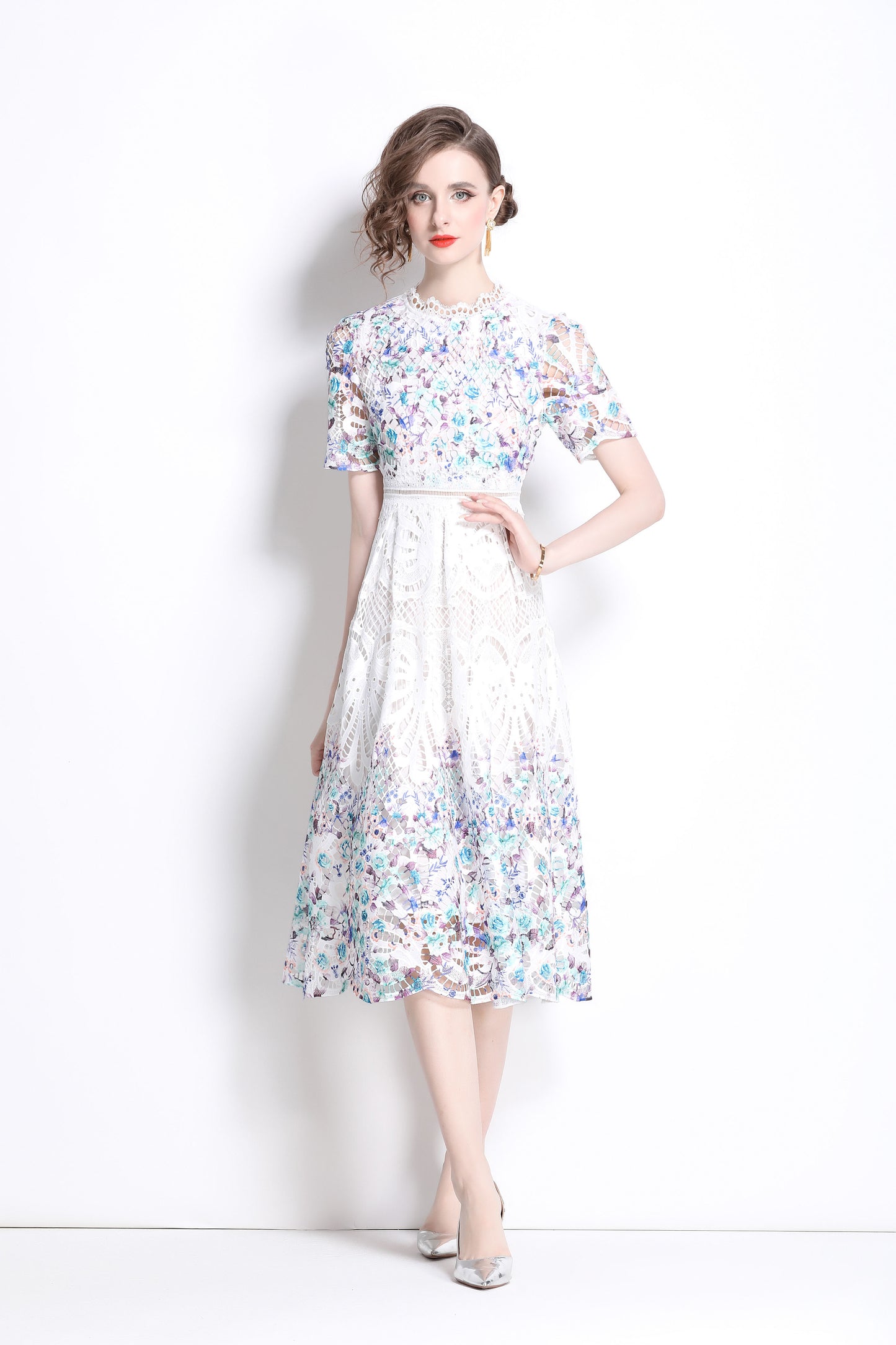 Women's Lace Floral Short Sleeve Crochet Waist Cocktail Midi Dress - LAI MENG FIVE CATS