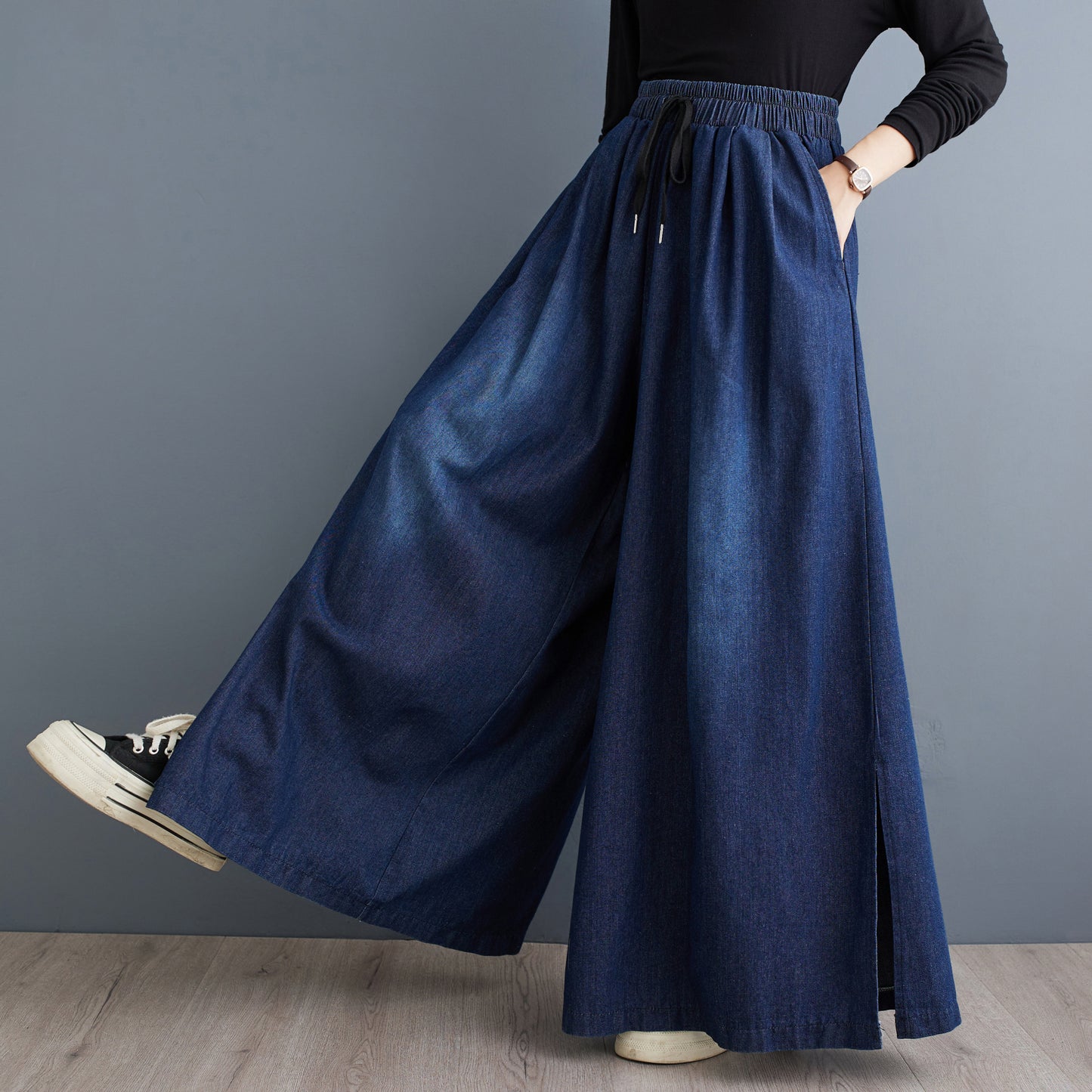 BK-Drawstring Trendy Side Slit Wide Leg Pants